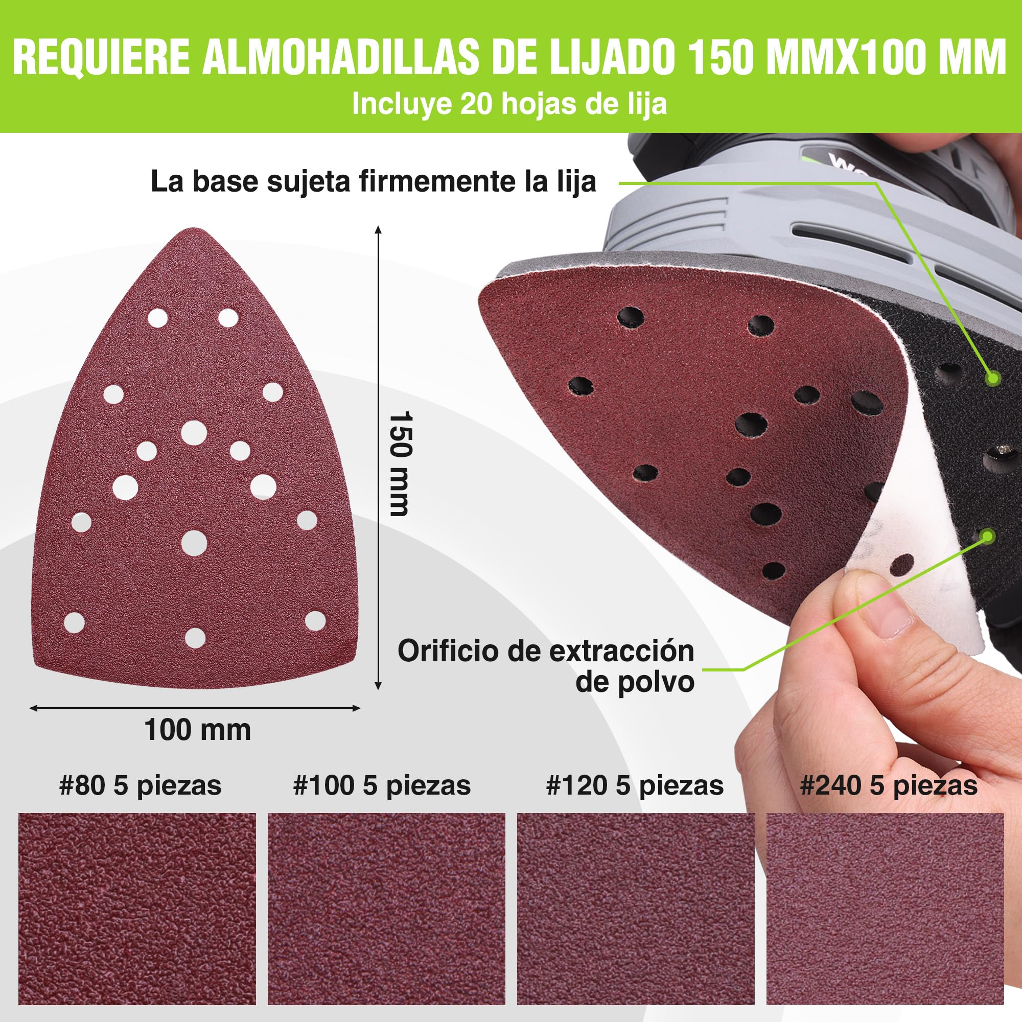 WORKPRO Lijadora Eléctrica de Detalle Mouse 130W, 13000 RPM, con Bolsa de Polvo y 20 Hojas de Lija, Lijadora Orbital Triangular para Madera, Muebles, Carpintería y Bricolaje