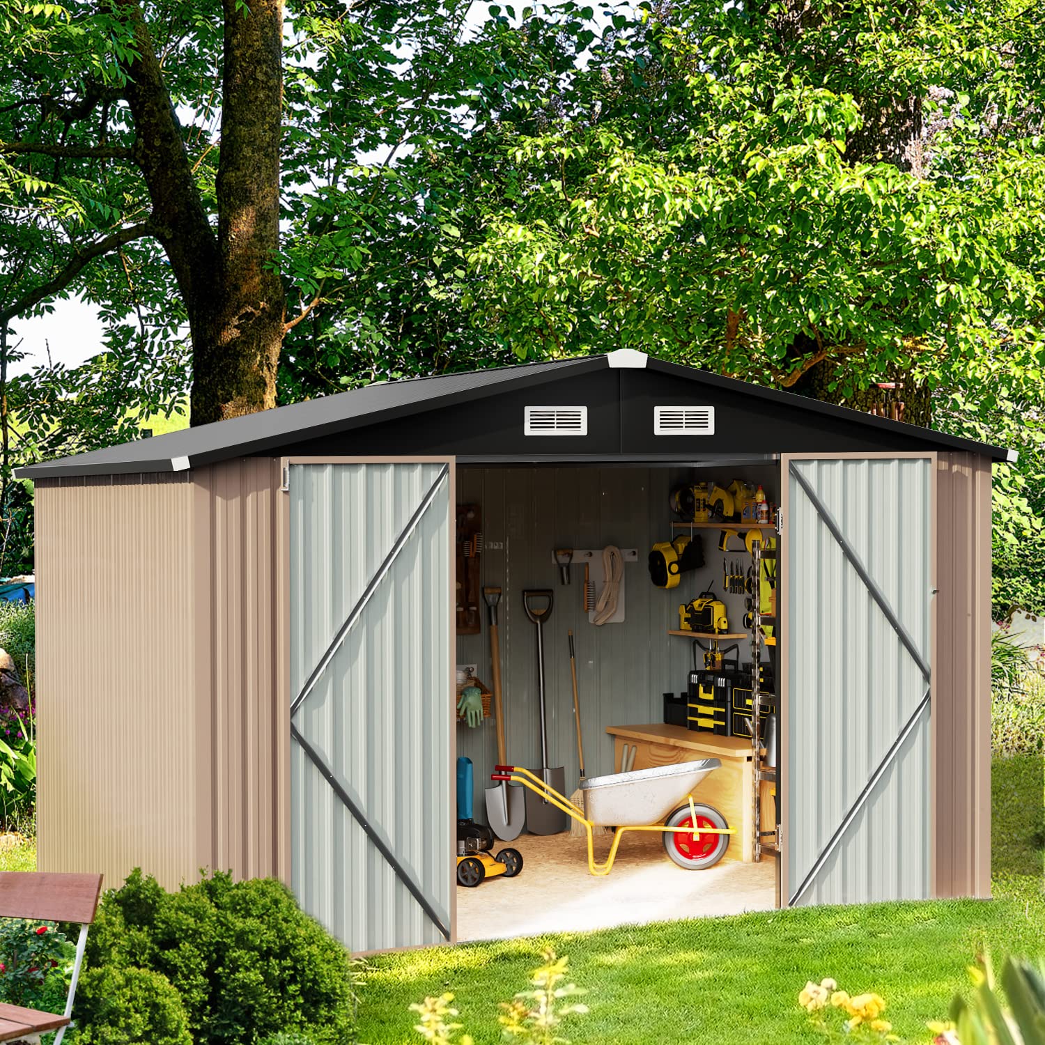Aoxun Outdoor Shed - 8 x 10 ft Storage Sheds Galvanized Metal Shed with Air Vent and Slide Door, Tool Storage Backyard Shed Bike Shed, Tiny House Garden Tool Storage Shed for Backyard Patio Lawn