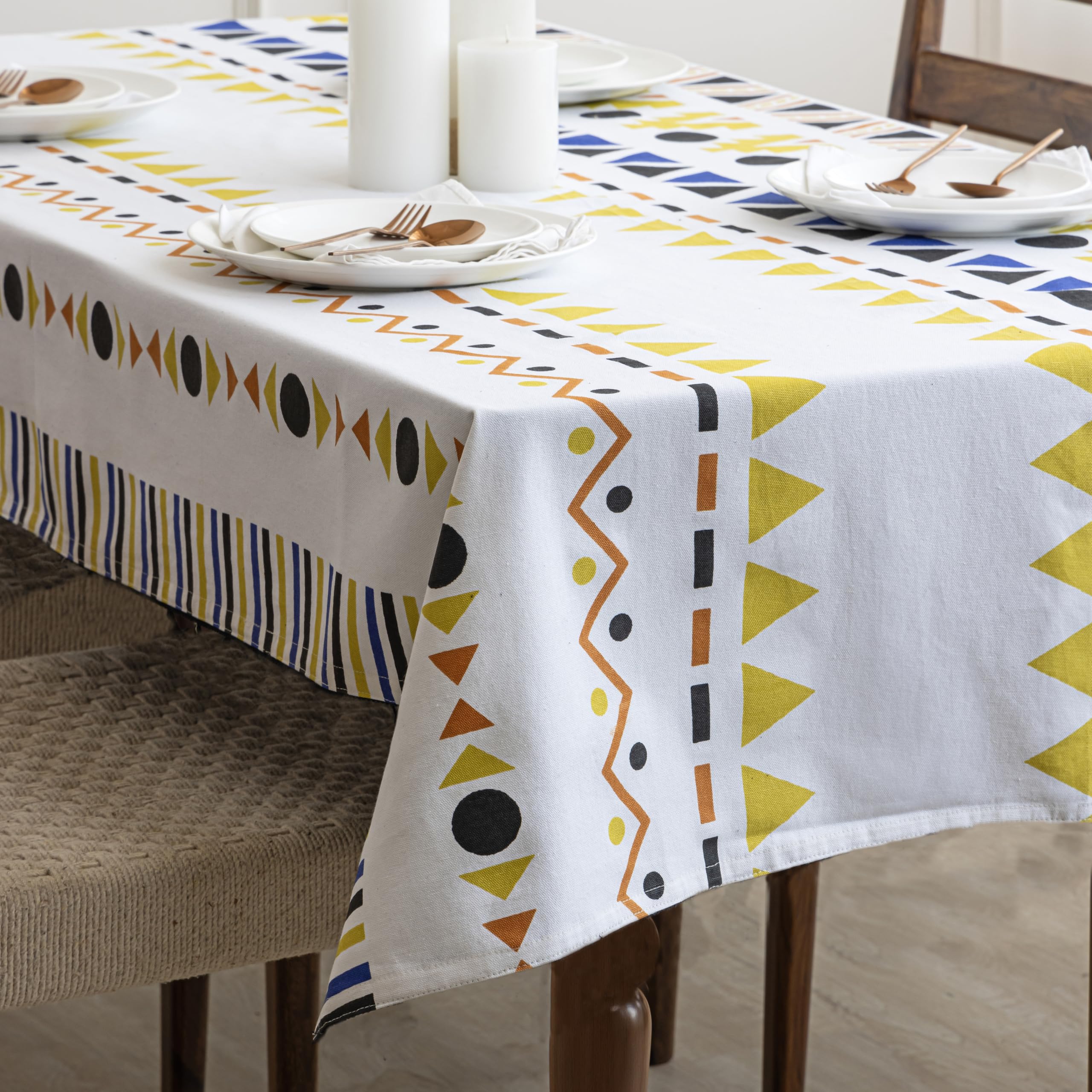 HOMEMONDE Cotton Dining Table Cover 6 Seater Geometric Printed Table Cloth for Center Table, Rectangular 45 x 92 Inch - (114x233 CM, Multicolor)