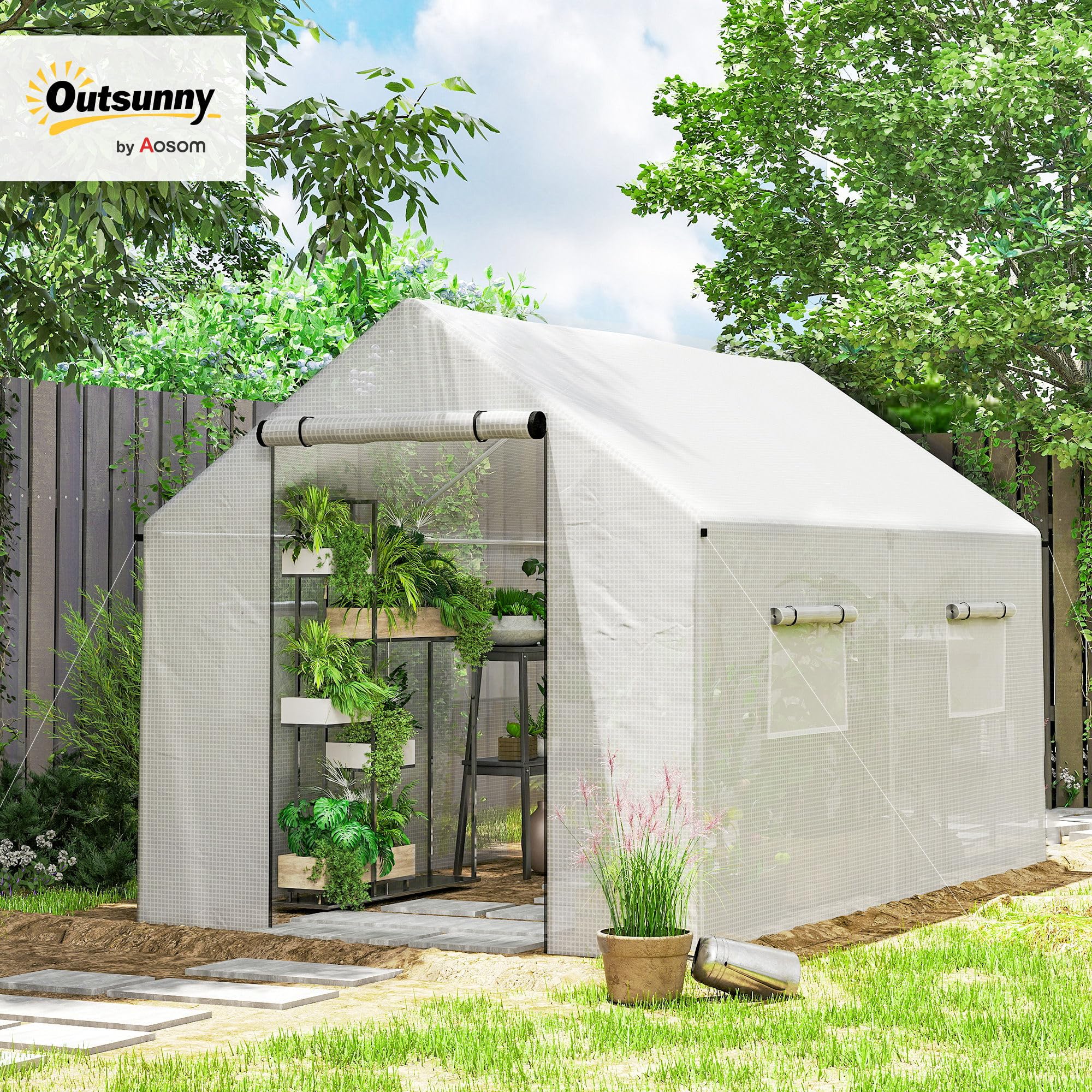 Outsunny Invernadero de Exterior 2x3x2 m Invernadero de Túnel con 4 Ventanas de Malla y Puerta con Cremallera Invernadero de Huerto Anti-UV para Patio Jardín Terraza Blanco