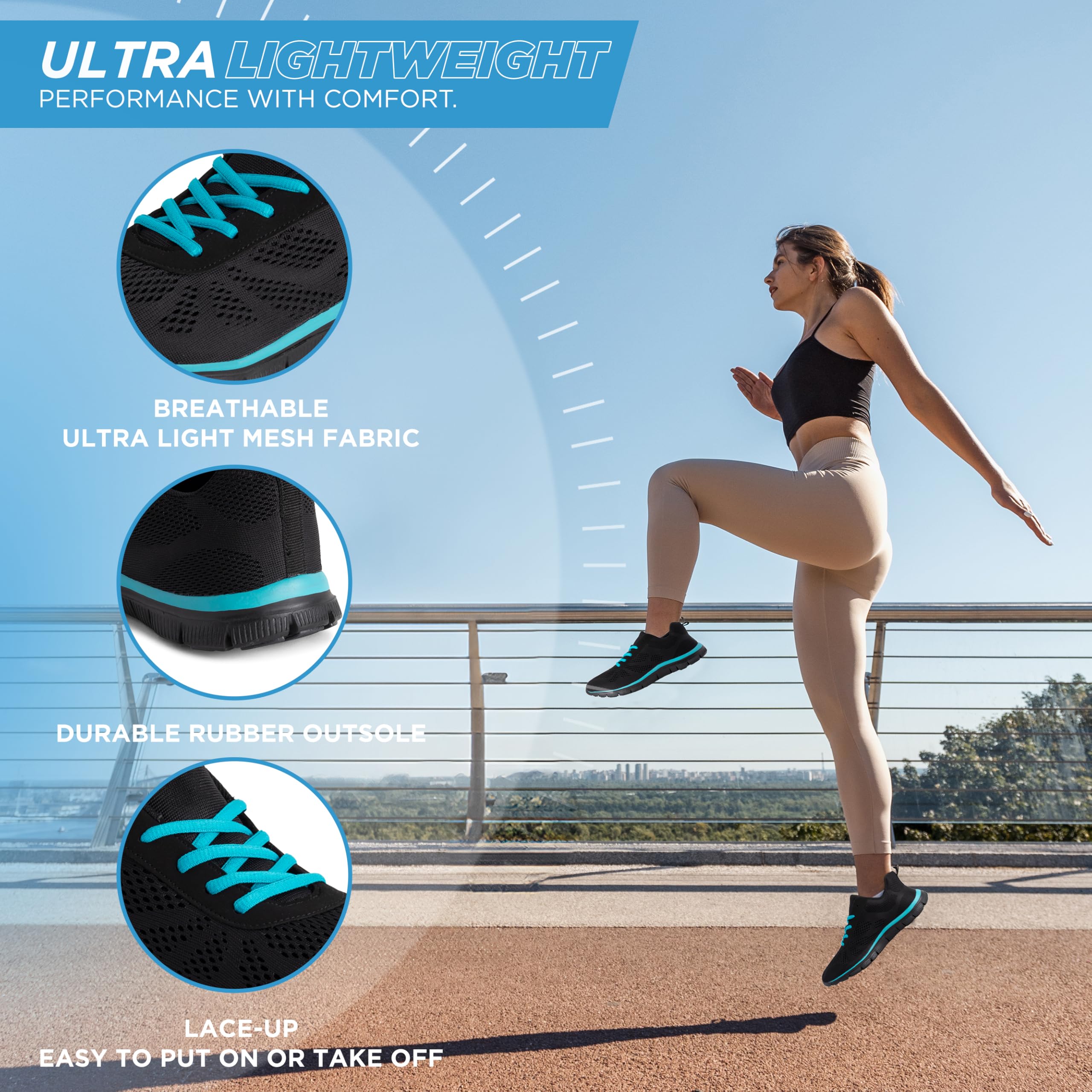 Get Fit Women’s Lightweight Trainers - Breathable Mesh Gym Walking Shoes - Comfortable Lace-Up Fitness Sneakers, Flexible Non-Slip Sole - Black/Turquoise - UK6/EU39