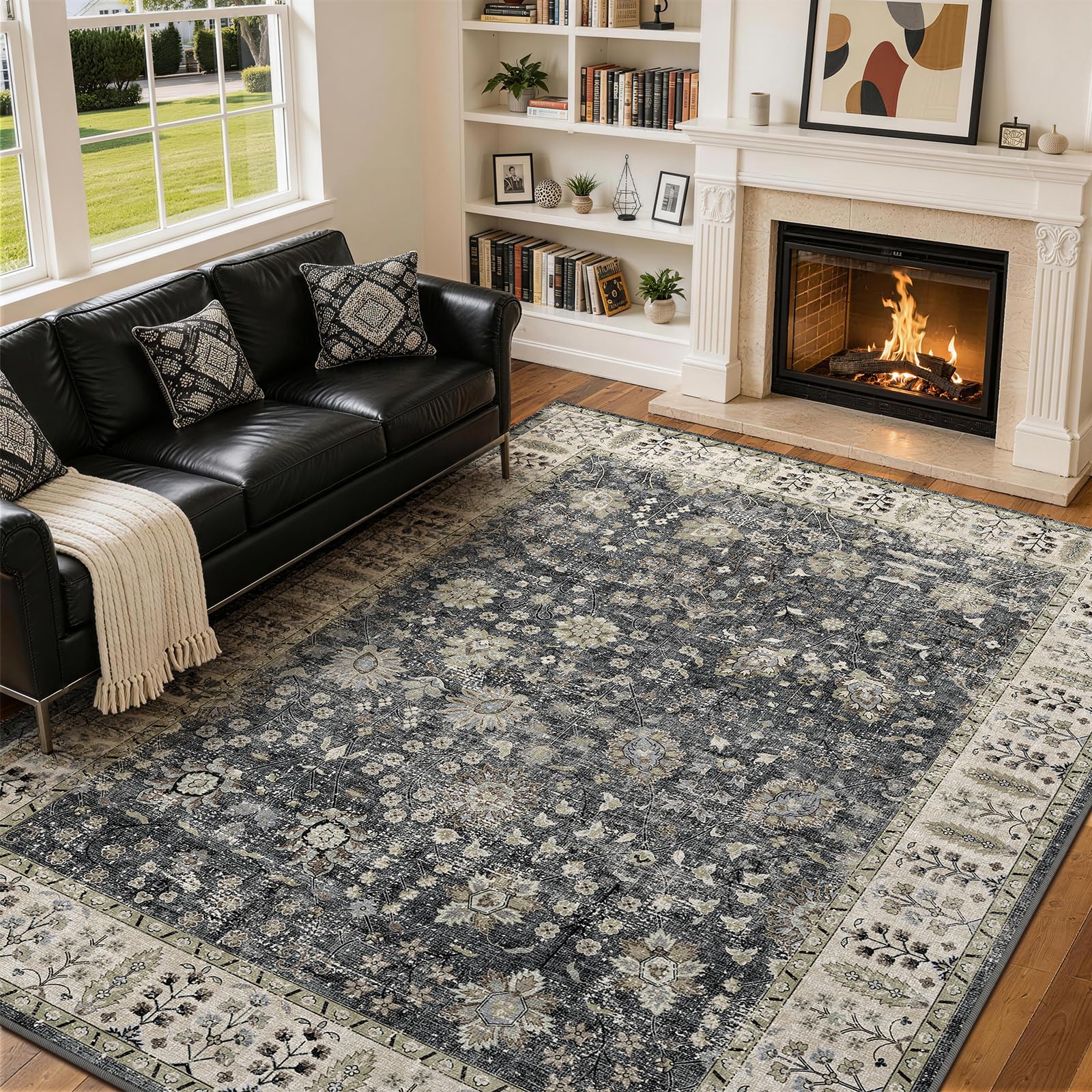 XSIVOD Black Area Rugs for Bedroom Living Room, Washable Rugs for Entryway Kitchen Mat, Non Slip Bedside Vintage Rug, Soft Boho Rug Accent Floor Carpet for Home Decor, 120x180 cm