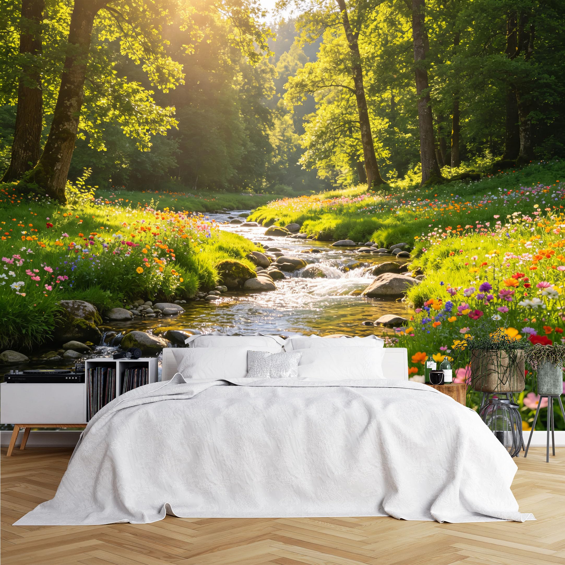 Lcythiazole Ch260615082 Custom Size Wall Murals Forest Stream Wildflower Scenery Wall Murals Realistic Nature Wallpaper Wall Stickers Self-Adhesive Removable Wallpaper For Entryway Kitchen