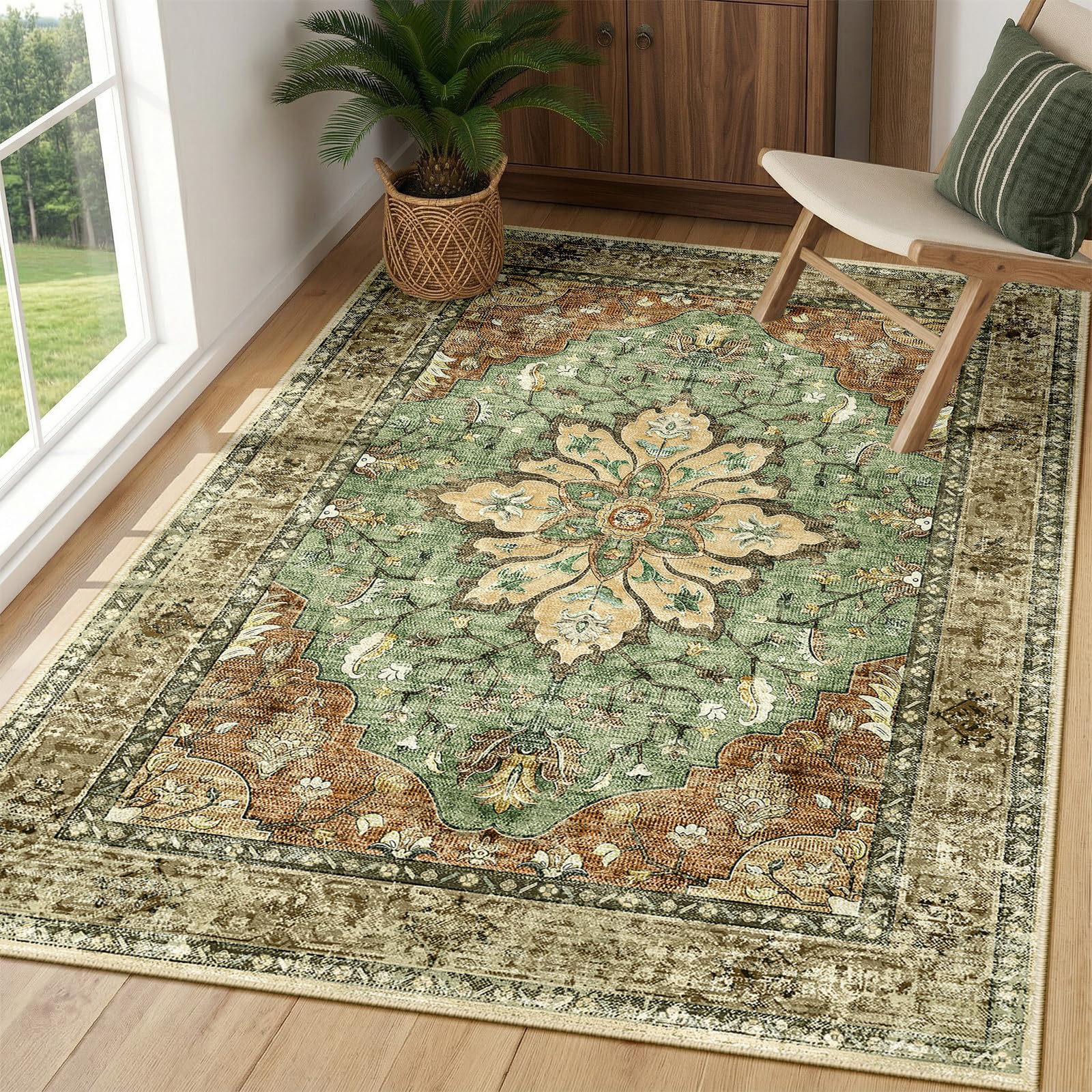INOVADAY Machine Washable Rugs 90x150 cm Vintage Area Rug Low Pile Anti-Slip Carpet with Print Pattern for Living Room Bedroom Home Office Indoor Brick/Brown/Green โ image 1
