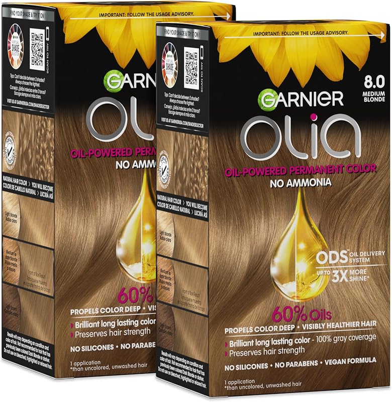 Garnier Olia Hair Color, Ammonia-Free Permanent Hair Dye, Oil-Powered Formula for 100% Gray Coverage and 3x Shinier Hair, Vegan & Cruelty Free, 8.0 Medium Blonde, 2 Count