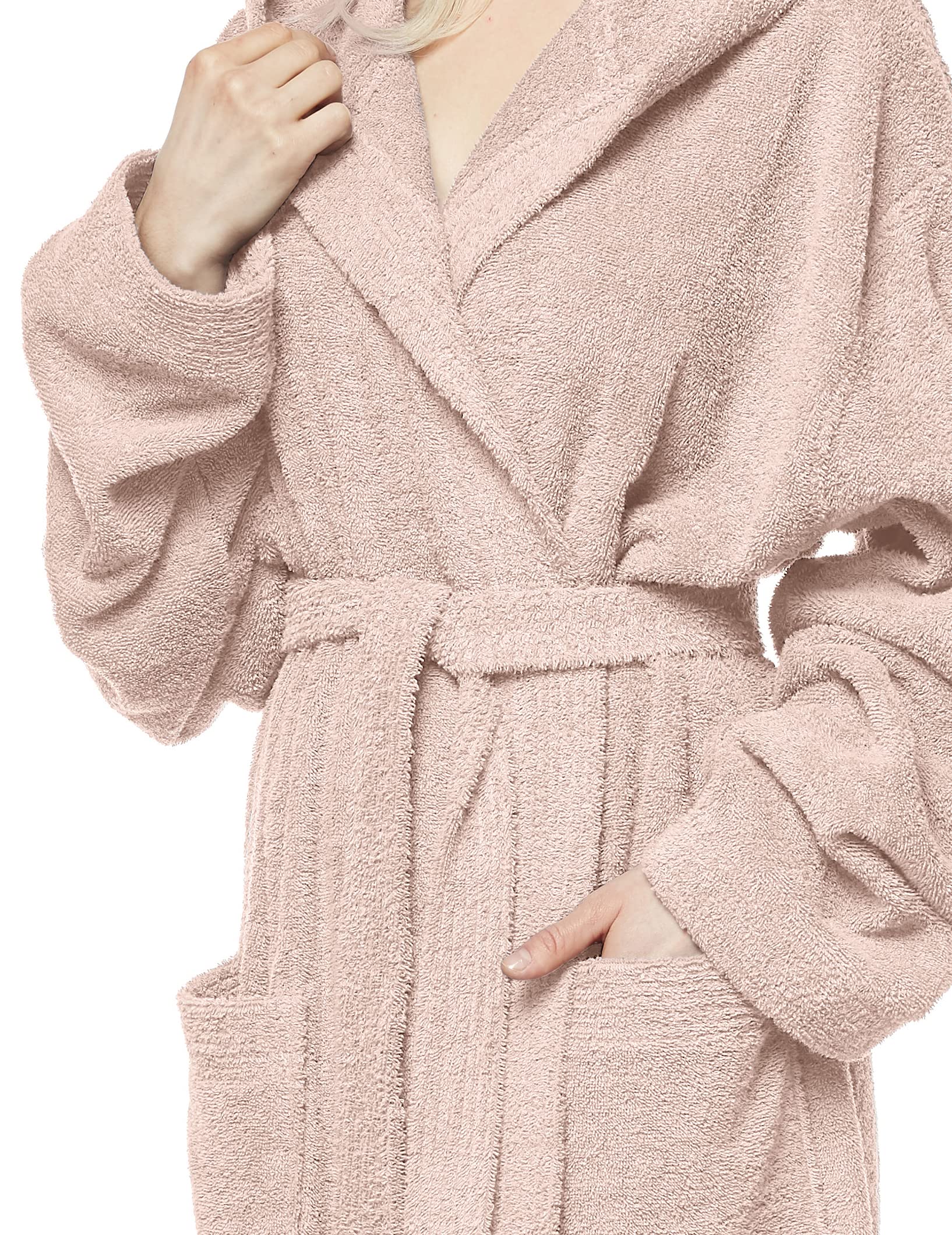 Arus Accappatoio da donna con cappuccio, lunghezza al polpaccio o alla caviglia, 100% cotone spugna (380 g/m²) certificato OEKO-TEX