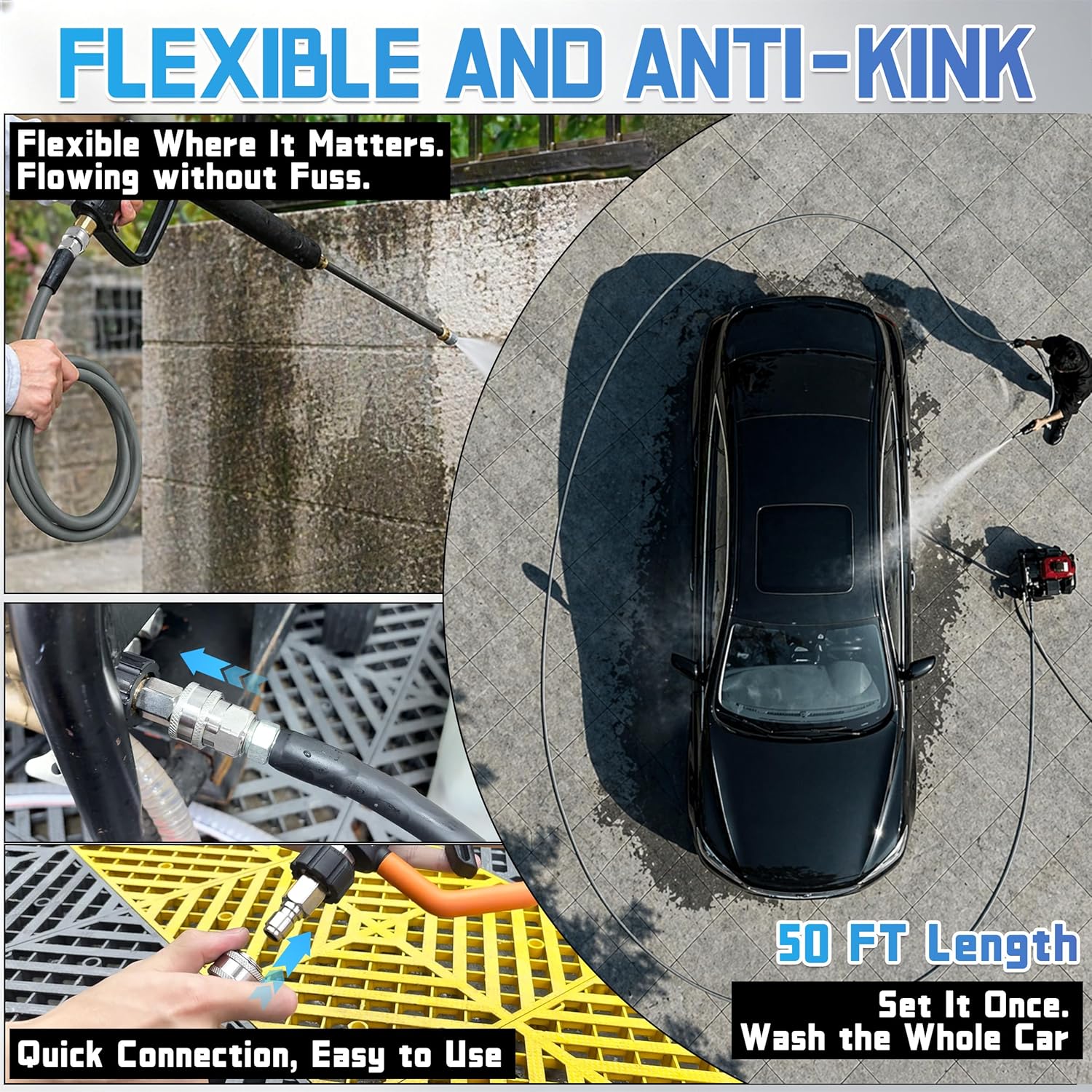 RIDGE WASHER Pressure Washer Hose 50 Feet, Steel Braided Kink Resistant Power Washer Hose with Stainless Steel 3/8’’ Quick Connector, 1/4" Inner Diameter Replacement Hoses, 4000 PSI