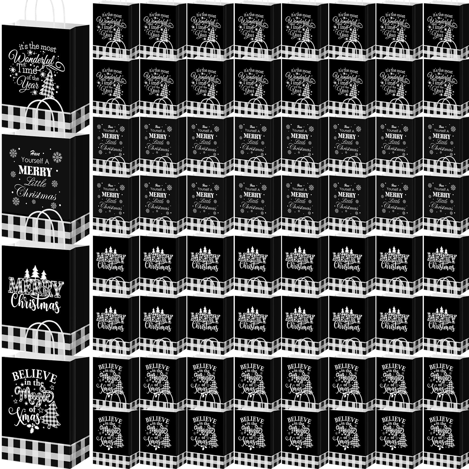 Qilery 100 Stück Weihnachts-Büffelkarierte Papier-Geschenktüten mit Griff, kariert, Partygeschenktüten für Weihnachten, Urlaub, Geschenke, Verpackung, Partyzubehör, Dekoration (schwarz und weiß)