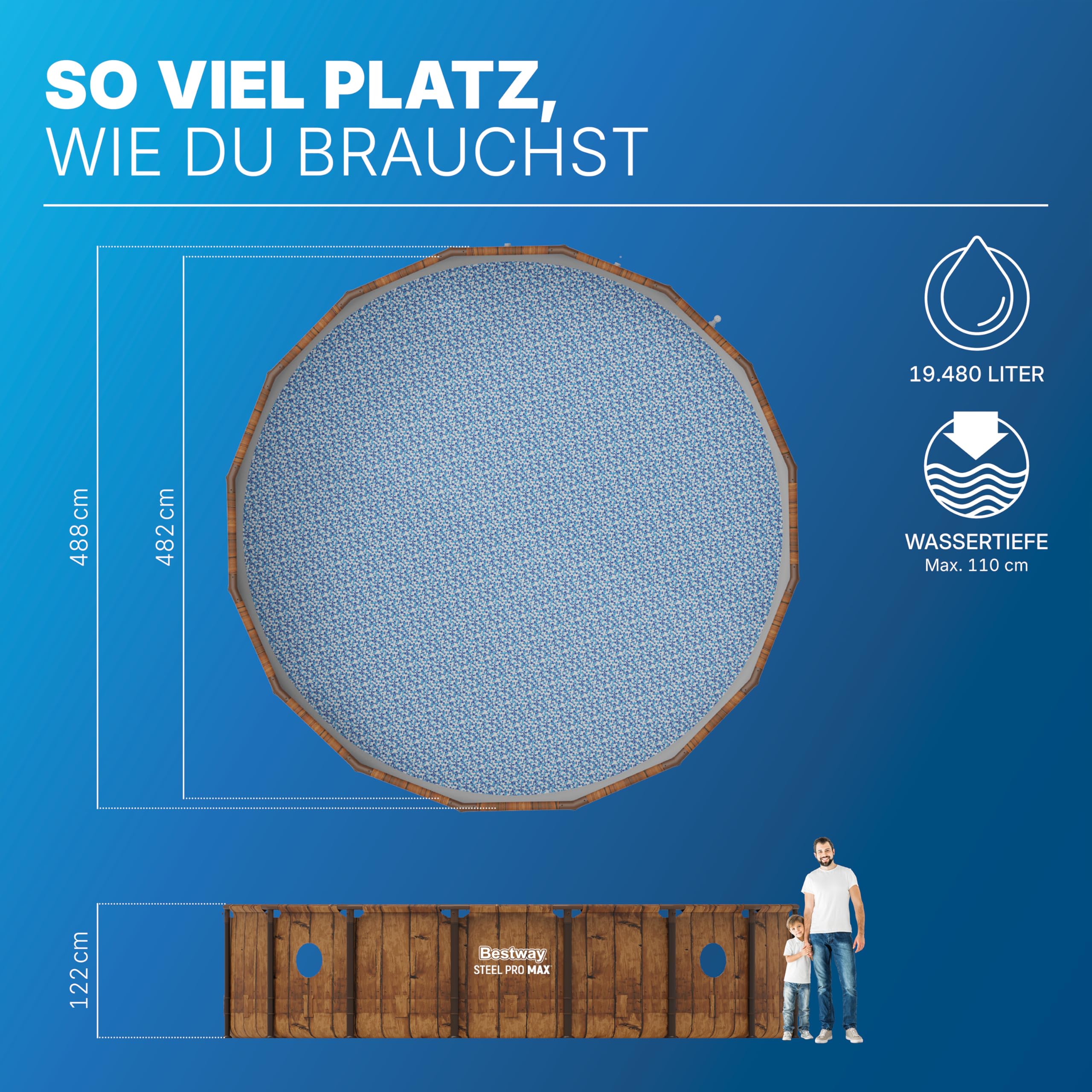 Bestway Steel Pro MAX Splashview Frame Pool Komplett-Set mit Filterpumpe Ø 488 x 122 cm, Holz-Optik (Pinie), rund
