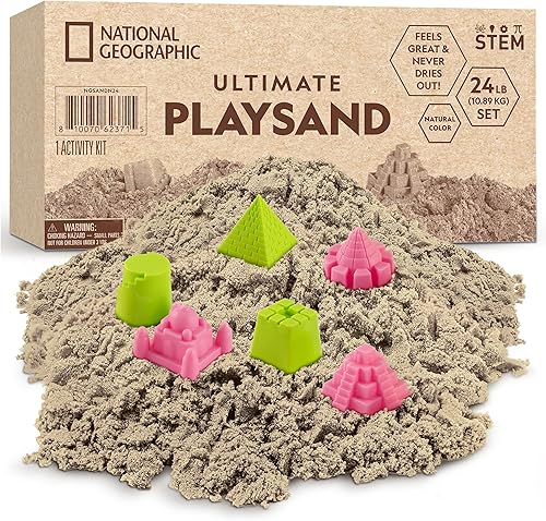 Blue Marble National Geographic Play Sand - Kit de arena a granel de 24 libras con 6 moldes de castillo (natural), una actividad sensorial divertida