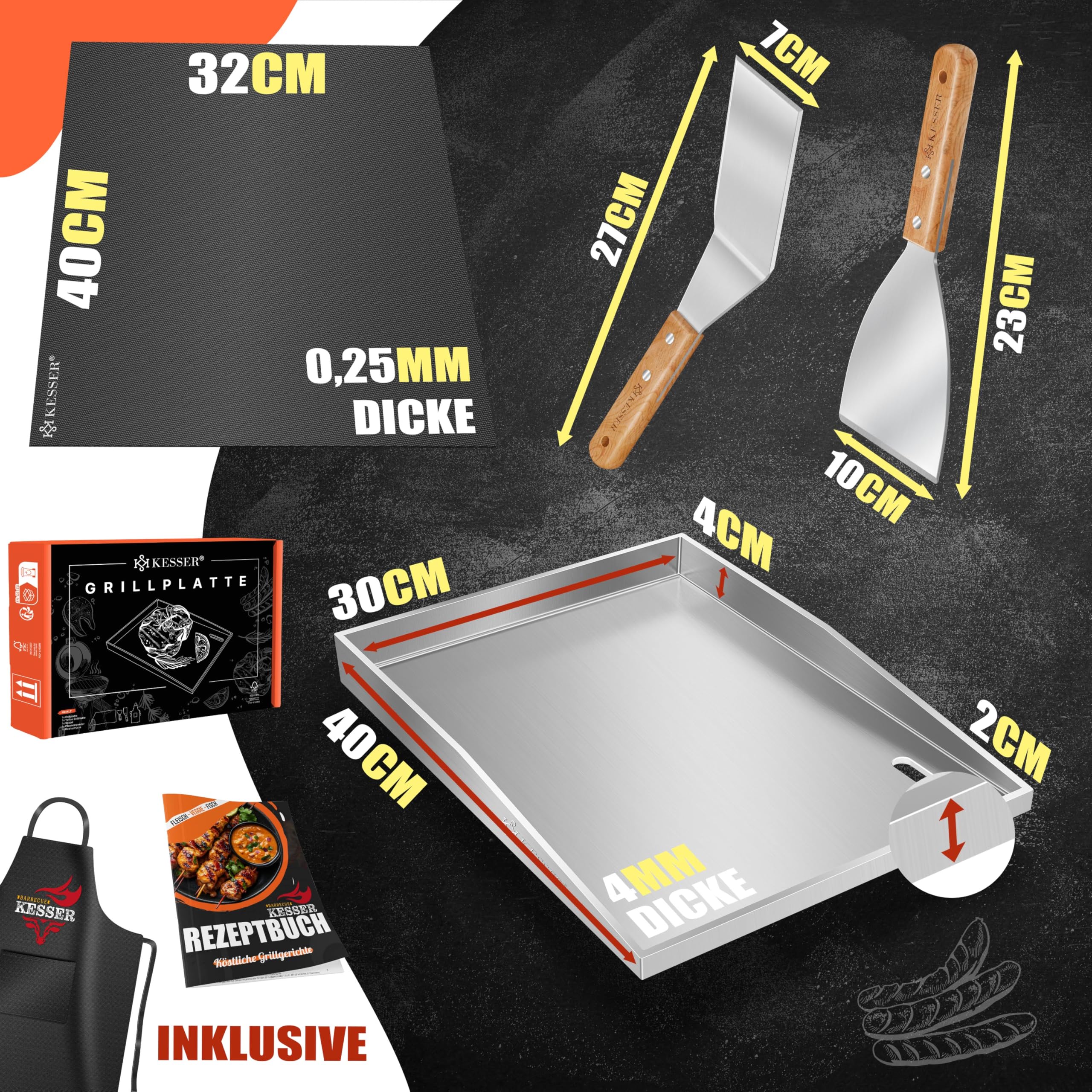 KESSER® Grillplatte Plancha aus Edelstahl 40x30cm rostfrei mit Fettablauf, hitzebeständig bis 800°C & Spülmaschinenfest für Gas & Holzkohlegrill inkl. 2 Spatel, Grillschürze, Grillmatte & Rezeptbuch