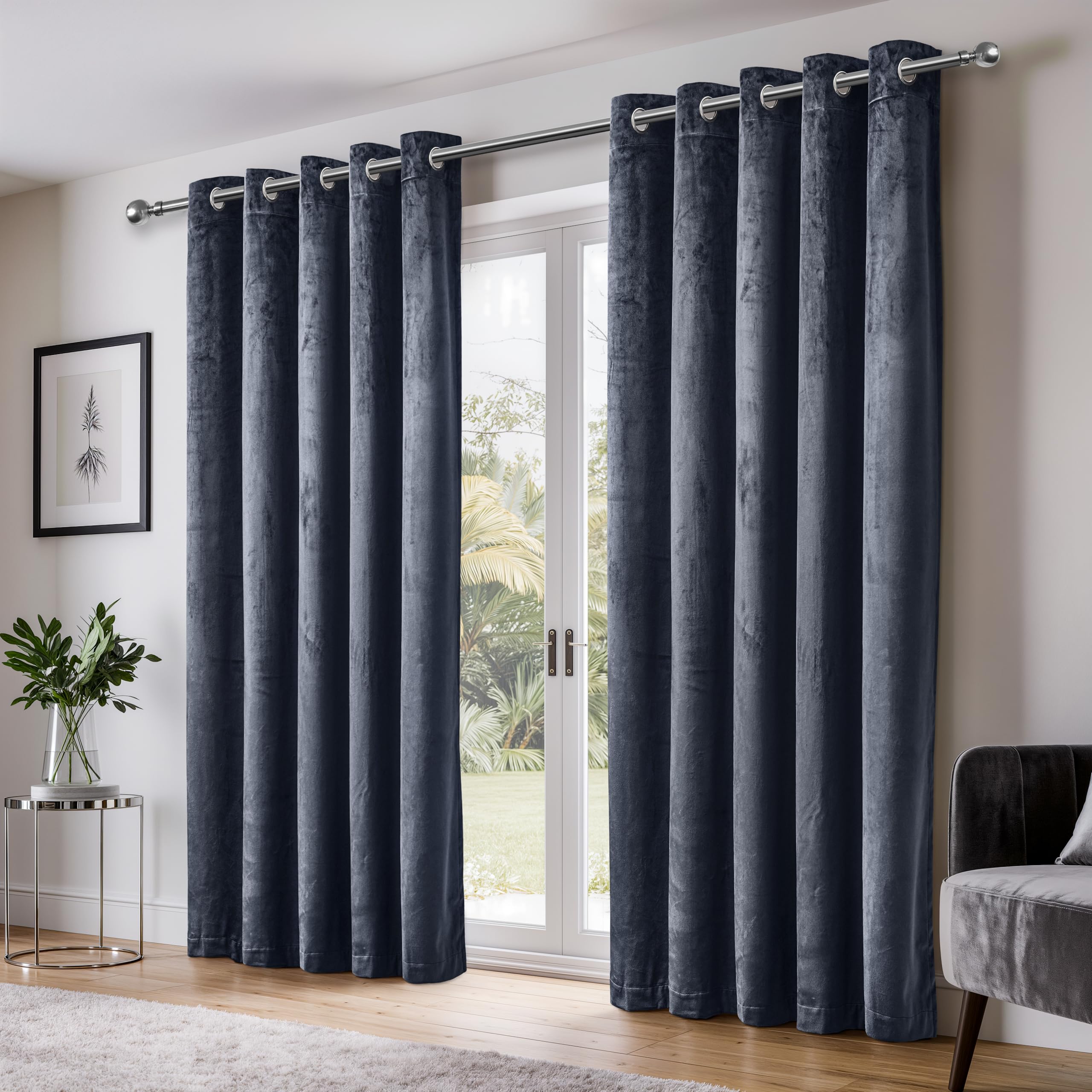 Emma Barclay Dusk Velvet Blackout Eyelet Ring Top Curtains for Bedroom Living Room, Thermal Soft Plain Velvet Curtain Pair, 66 x 72 Inch, Dark Navy