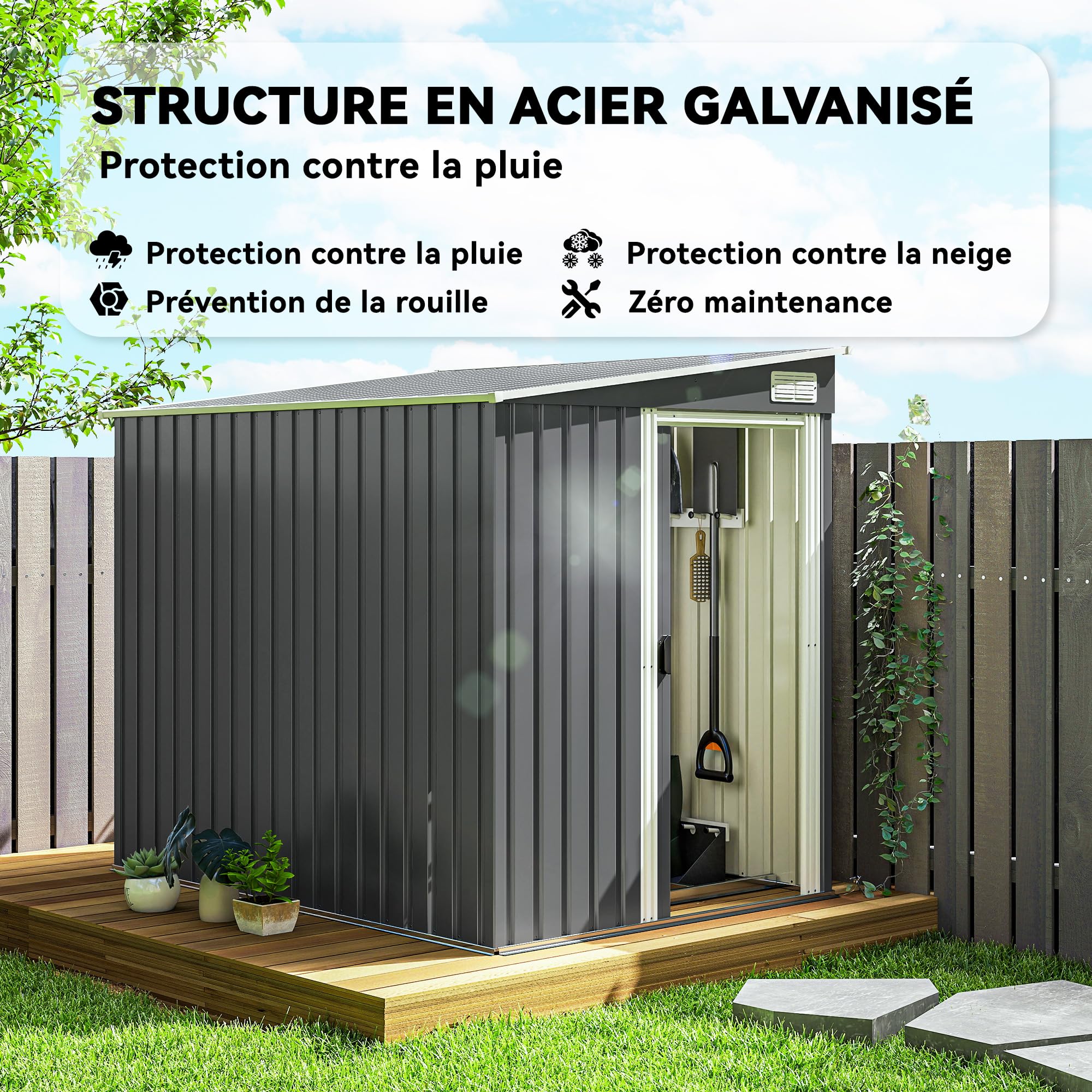 Outsunny Abri de Jardin en Métal 2,81 m² Toit Incliné 154x206,5x181 cm Gris | Kit Fondation, Cabane de Jardin Extérieure Adossée, Acier Galvanisé, Abri à Outils, 2 Étagères Réglables
