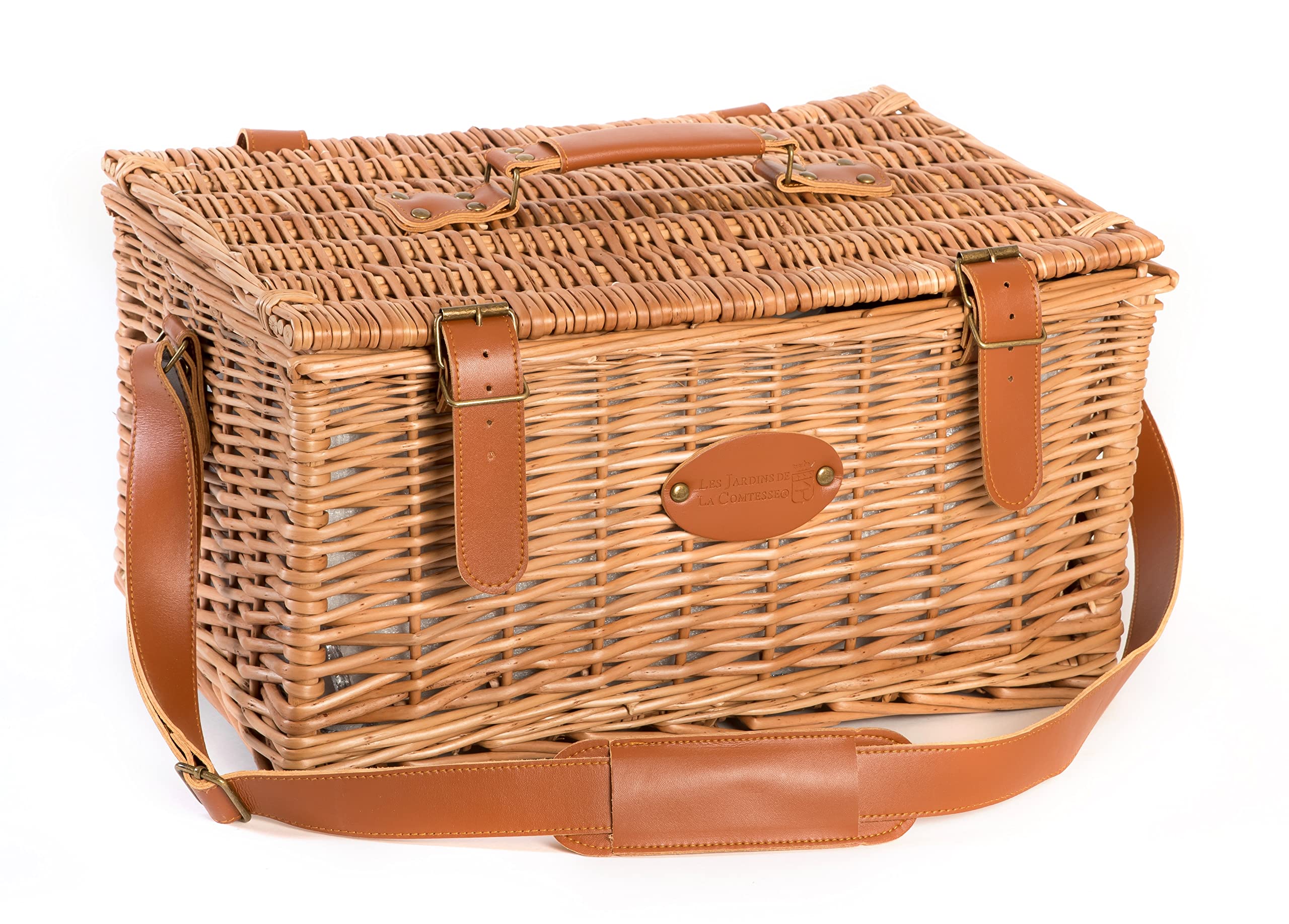Les Jardins de la Comtesse - Cestino da Picnic Trianon Verde - Con Cinturini in Pelle - Completo Per 4 Persone - Scomparto Isotermico - Piatti in Ceramica/Bicchieri da Vino in Vetro - 45 x 31 x 25 cm