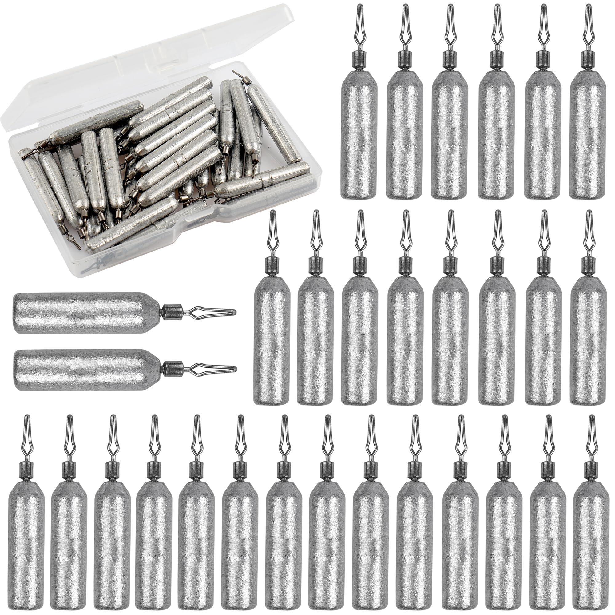 Paquete de 30 plomos de pesca con pivotes rodantes, plomos delgados, con forma de lápiz, peso de deriva, bajo derecho, cilindro extraíble para pesca de gato (20 g, 30 unidades)
