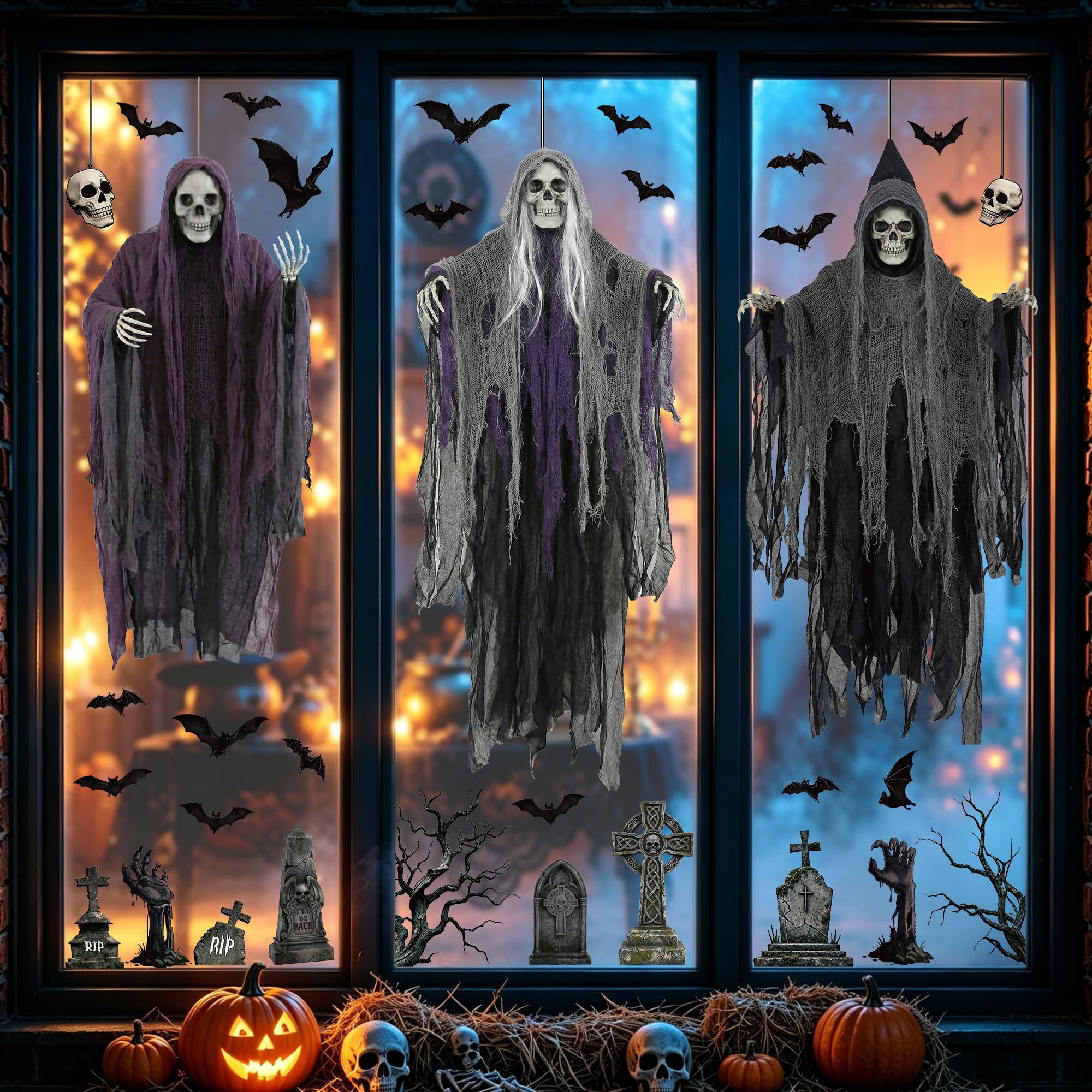 16 x 28 in Halloween Window Clings, Large Reaper Halloween Decor for Home