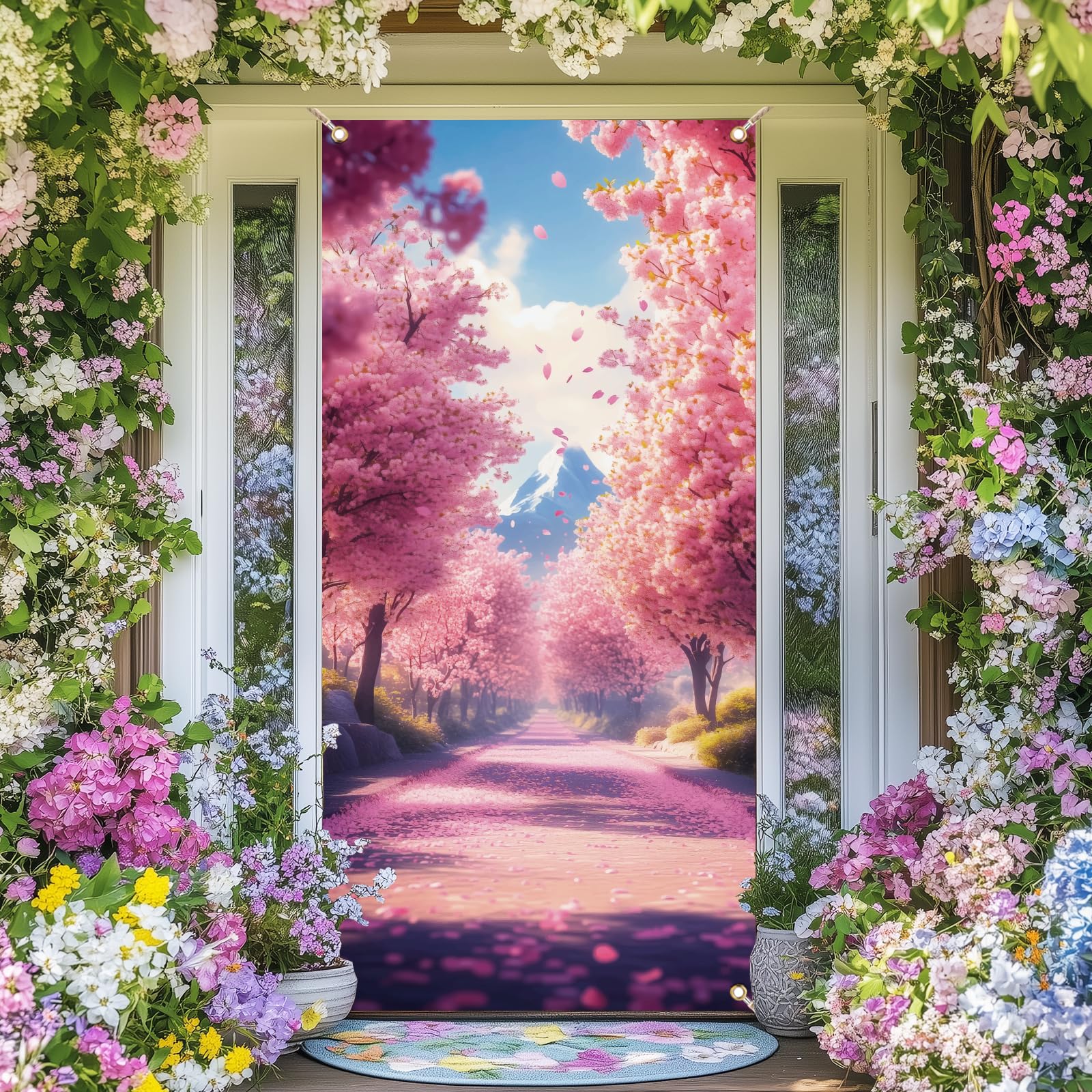 arricraft 1 Pc Polyester Cherry Blossom Tree Trail Pattern Door Cover, Botanical Theme Cherry Blossom Backdrop Banner Decoration for Indoor Outdoor Porch Home Decor Accessories