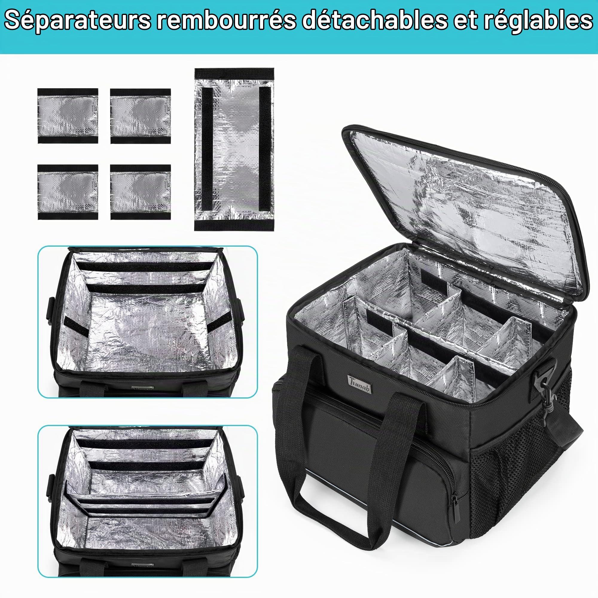 Trunab Sac Médical Isolé avec 5 Séparateurs Réglables, Sac à Insuline Résistant à l'eau pour la Maison, Les Voyages, Le Camping, Sac Vide - Design Breveté,Noir