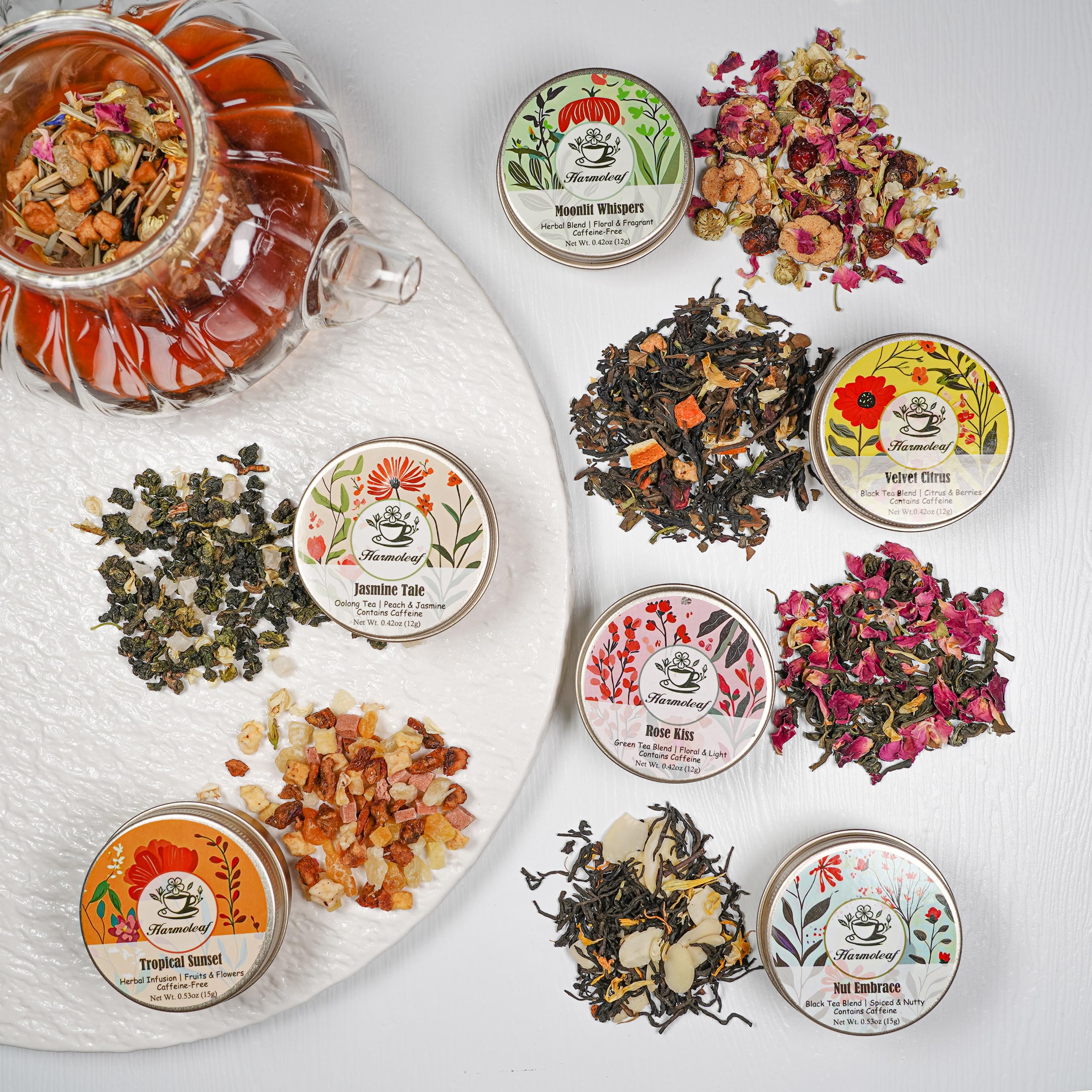 Harmoleaf Coffret cadeau Discovery Collection – 6 mélanges artisanaux à base de plantes avec tasse en céramique à double paroi, cuillère à mélanger et passoire | Échantillon de thé en vrac bio