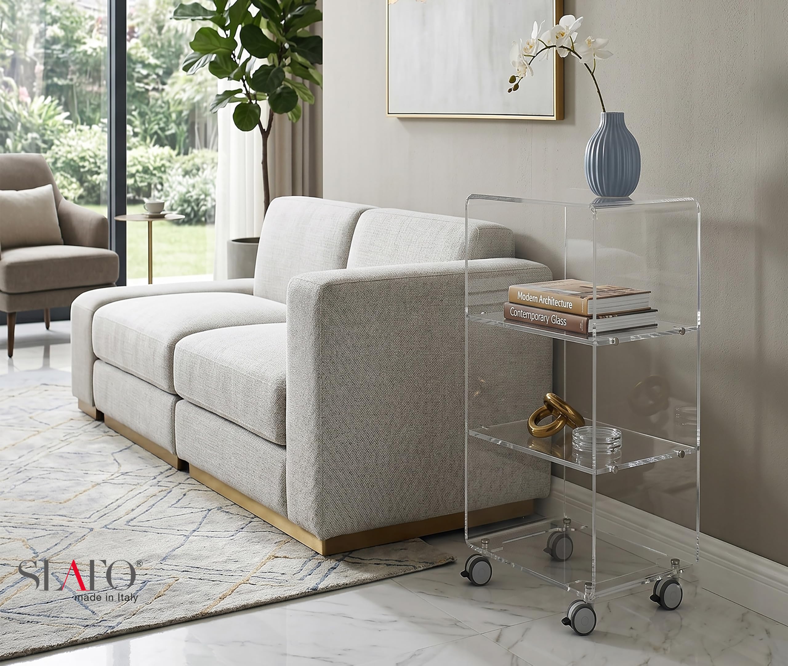 SLATO Cleo grande/Tavolino in cristallo acrilico trasparente a quattro ripiani con ruote,compatto/leggero/design elegante,adatto per soggiorno,ingresso,lato divano,Made in Italy(cm. L.42 x P.33 x H82)