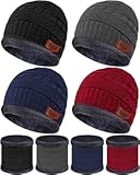 4 Sets Kids Winter Hat and Scarf Set Warm Fleece Lining Beanie Hats Knitted Cap Scarf for 5-14 Years Boys Girls