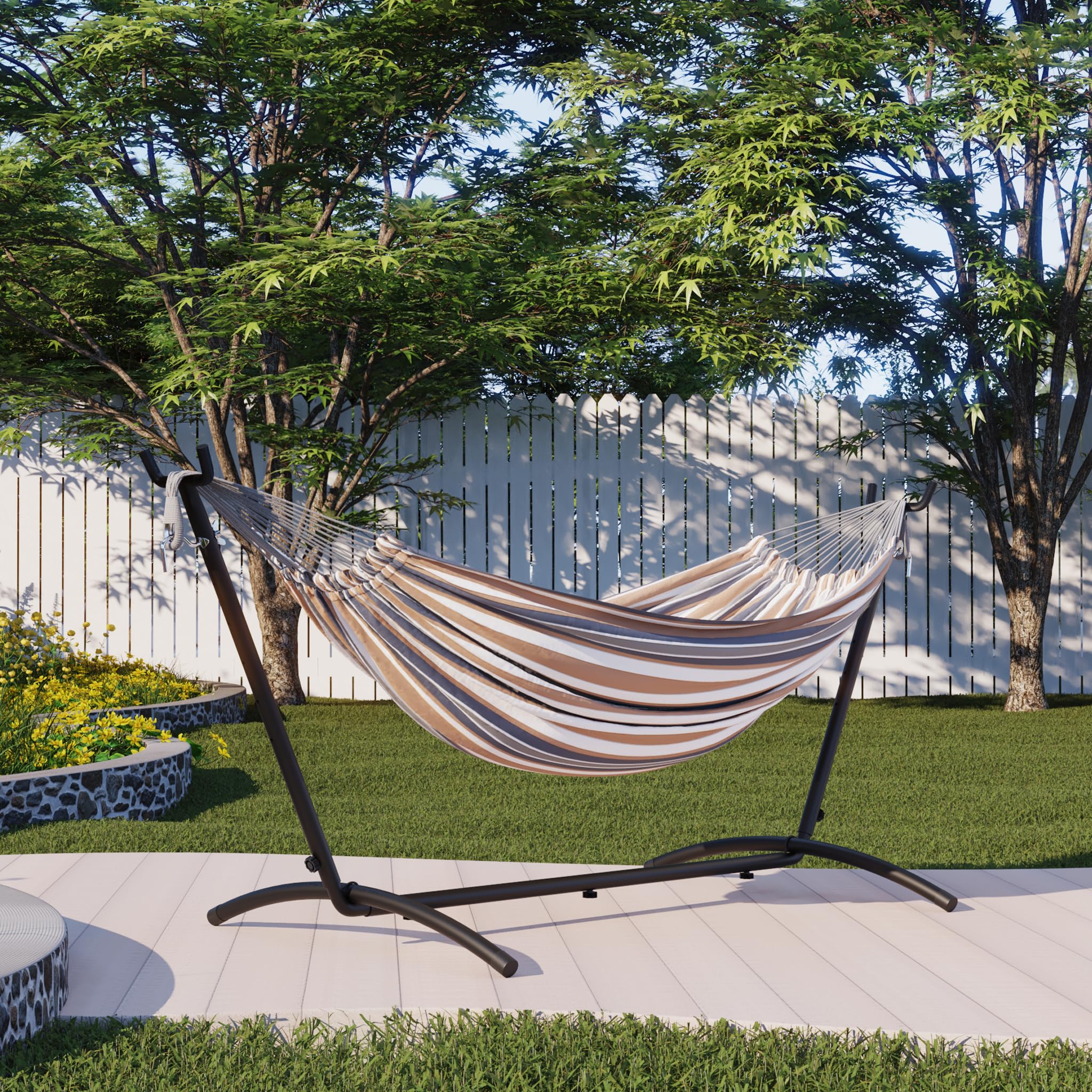 Mondeer Hamaca con Soporte, Hamaca de Camping al Aire Libre, Jardín, Hamaca de Tela Individual con Marco de Metal con Bolsa de Transporte Portátil y Accesorios, Carga de 200 Kg