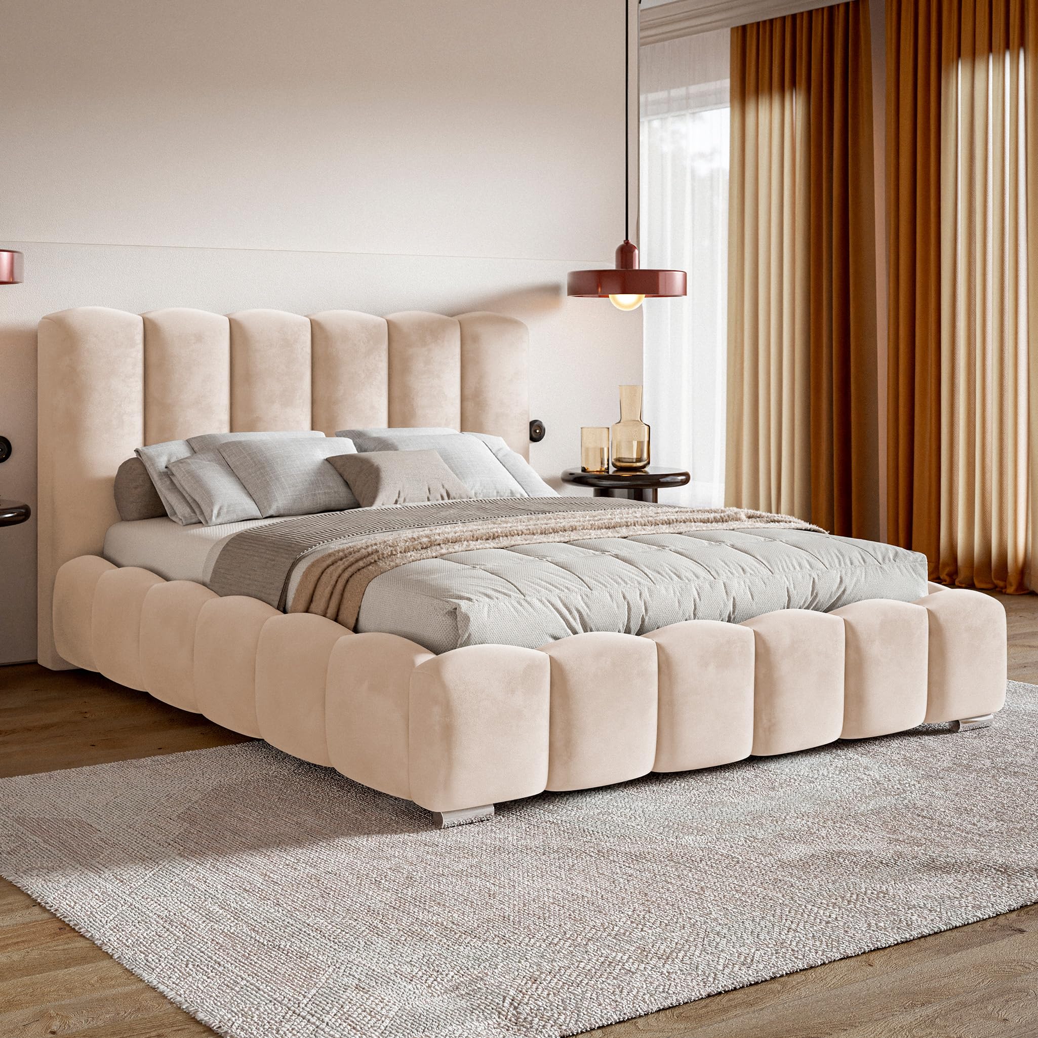 MOTIVENA Grand Cadre de Lit Bubble 180x200, avec Sommier sans Matelas, avec Rangement, Capitonné, Rembourré, avec Pieds, Velours, avec Tête de Lit Coffre 180x200 Beige Crème