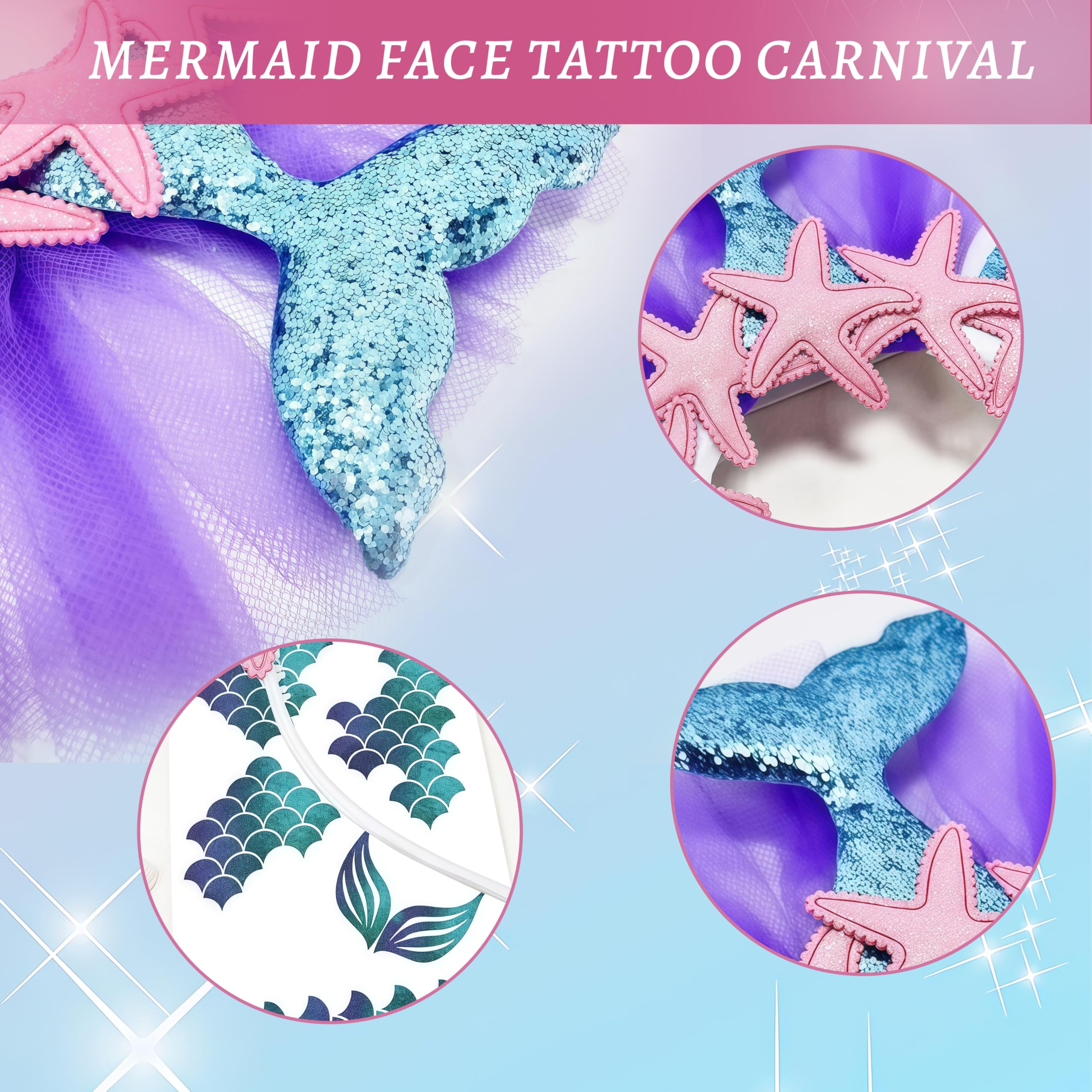 Zosutetoxo Mermaid Costume Set Women Girls, Headband with Glitter Gel & Face Tattoos for Carnival Fancy Dress Mermaid Accessories - Image 4