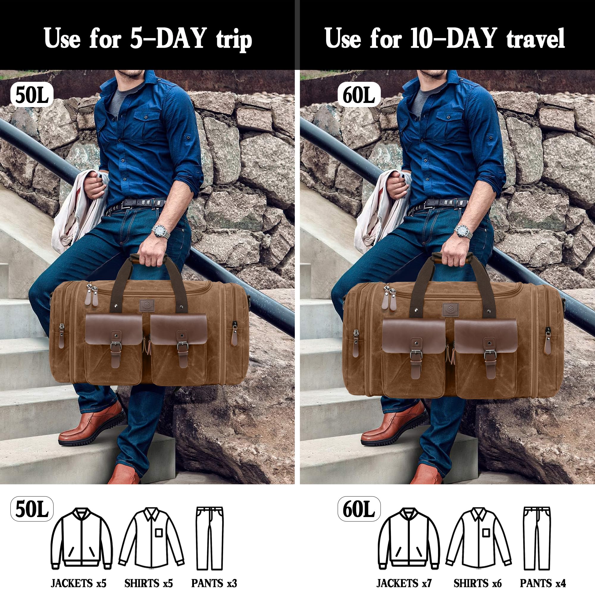 Bolsa de viaje de 60 litros, bolsa de lona expandible de piel auténtica, bolsa de viaje mejorada para fin de semana, marrón, (Vintage Dark Brown), Large-50L, Classic