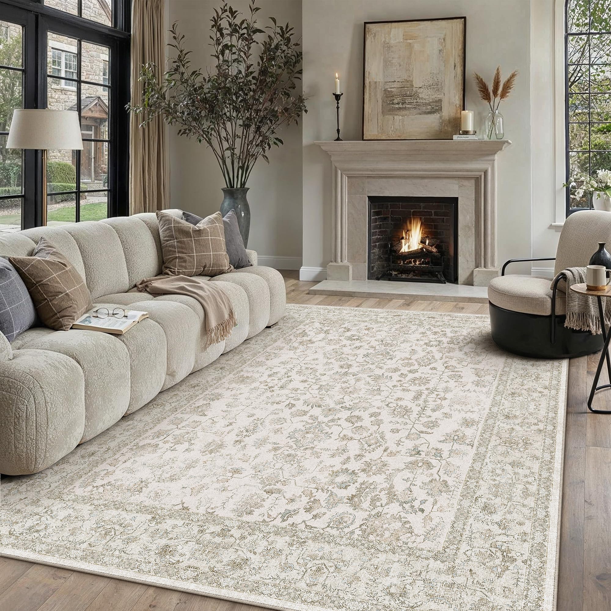 PureCozy Vintage Waschbarer Grau Teppich klein Carpet Kurzflor rutschfest Boho Rug