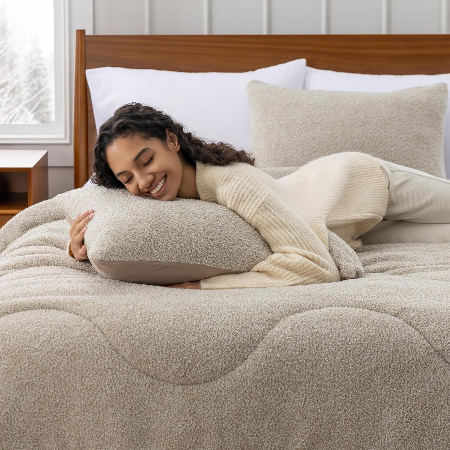 Berkshire Heathered Retro Comfort Plush rev Microfiber Comforter Set - Ultra-Soft & Breathable All-Season Bedding - 3-Piece Includes 1 Comforter (90’’×90’’) and 2 Pillow Shams(Queen, Humus)