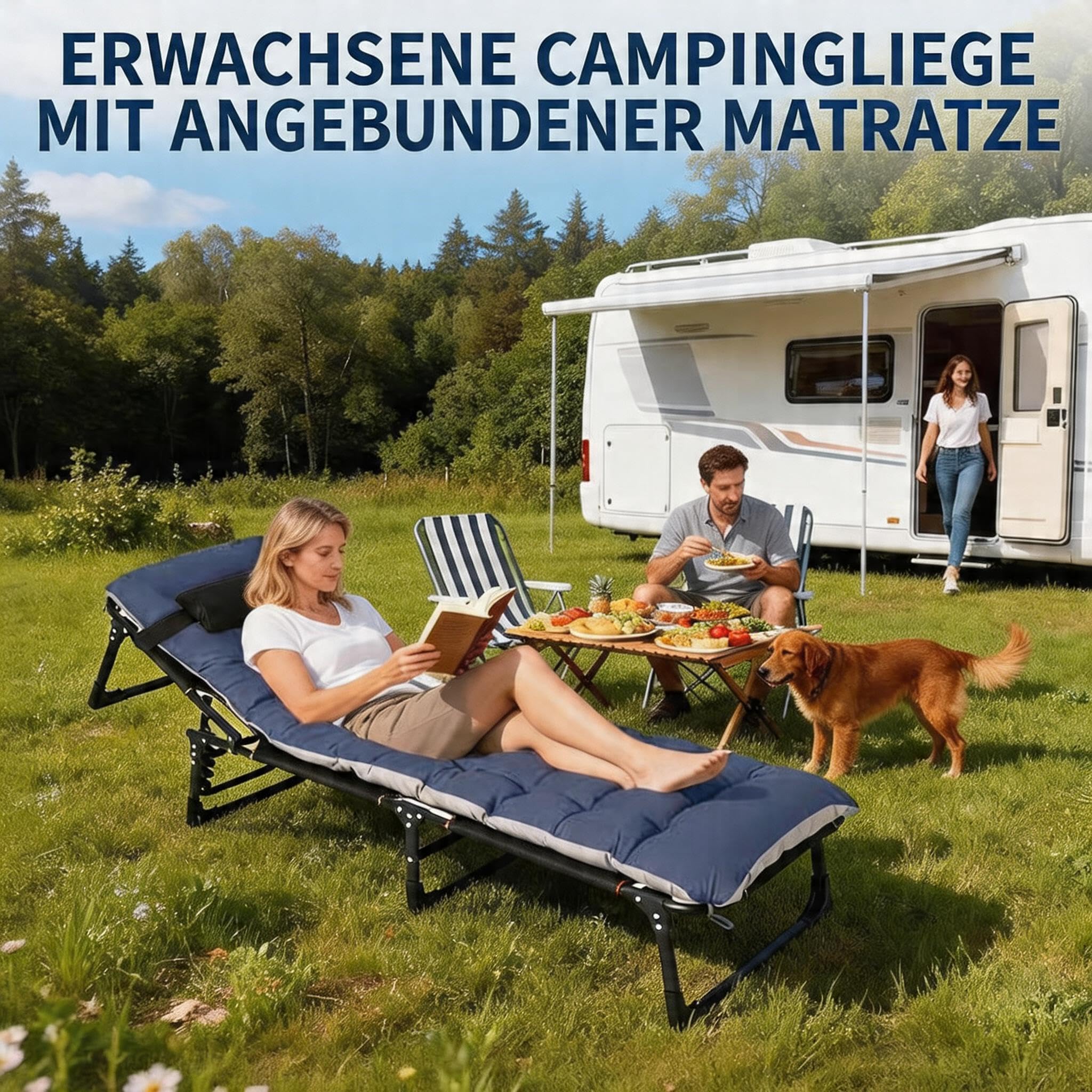 Garvee Campingbett Klappbar mit Matratze 200cm Feldbett Belastbar 8-Beine Stabiles Gästebett Blau