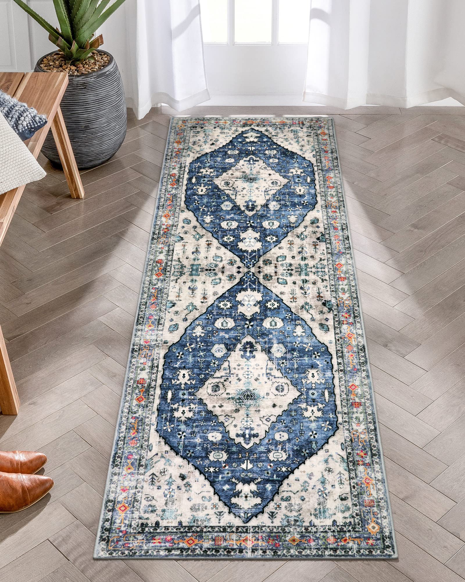 Lahome Boho Tribal Runner Rug - 2x6 Persian Kitchen Rug Runner for Living Room Entryway Mat, Turkish Soft Washable Non Slip Throw Office Carpet Runner for Gift Bathroom Sunroom Mudroom Foyer, Blue