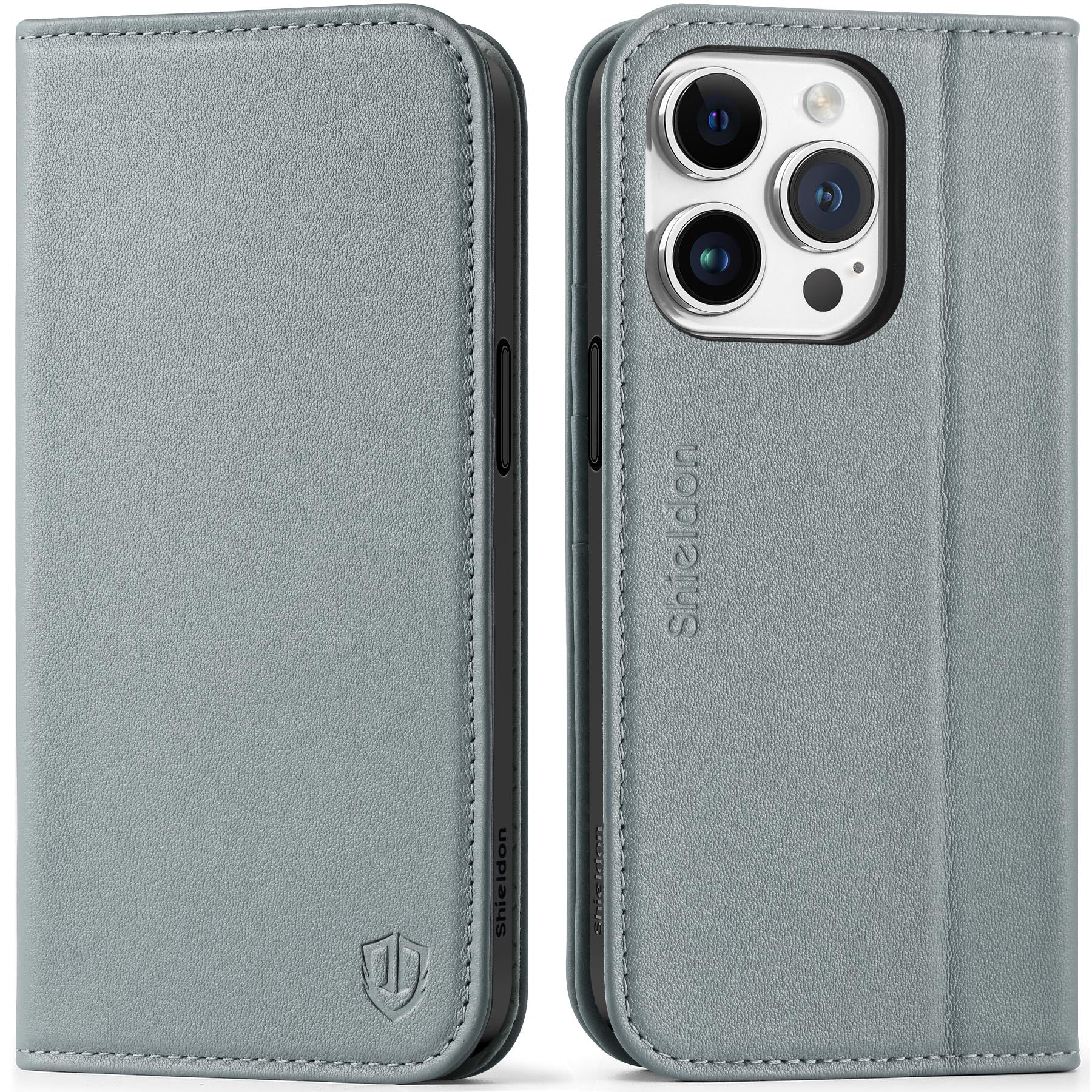 SHIELDON Wallet Case for iPhone 15 Pro 5G, Genuine Leather Flip Magnetic RFID Blocking Credit Card Holder Kickstand Shockproof Protective Case Compatible with iPhone 15 Pro 6.1" - Bluish Gray