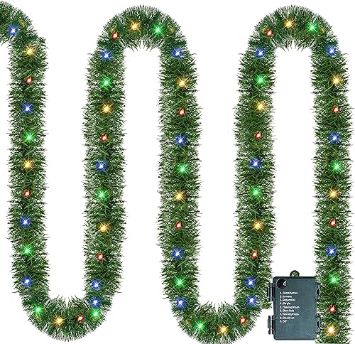 Nerosun Guirnalda de Navidad artificial de 14.8 pies, 50 luces LED preiluminadas, funciona con pilas, guirnalda de Navidad para el hogar, barandilla