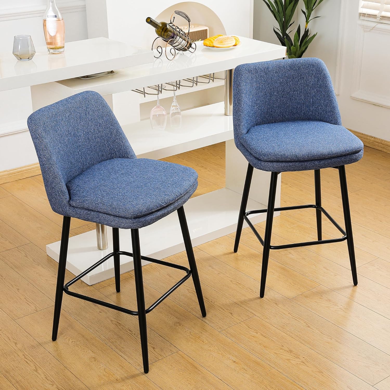 Counter Height Swivel Bar Stools Set of 2, Stools for Kitchen Counter, Upholstered Barstool with Back, Metal Base (Linen Fabric in Blue, 25.6″ Counter Height - Set of 2)