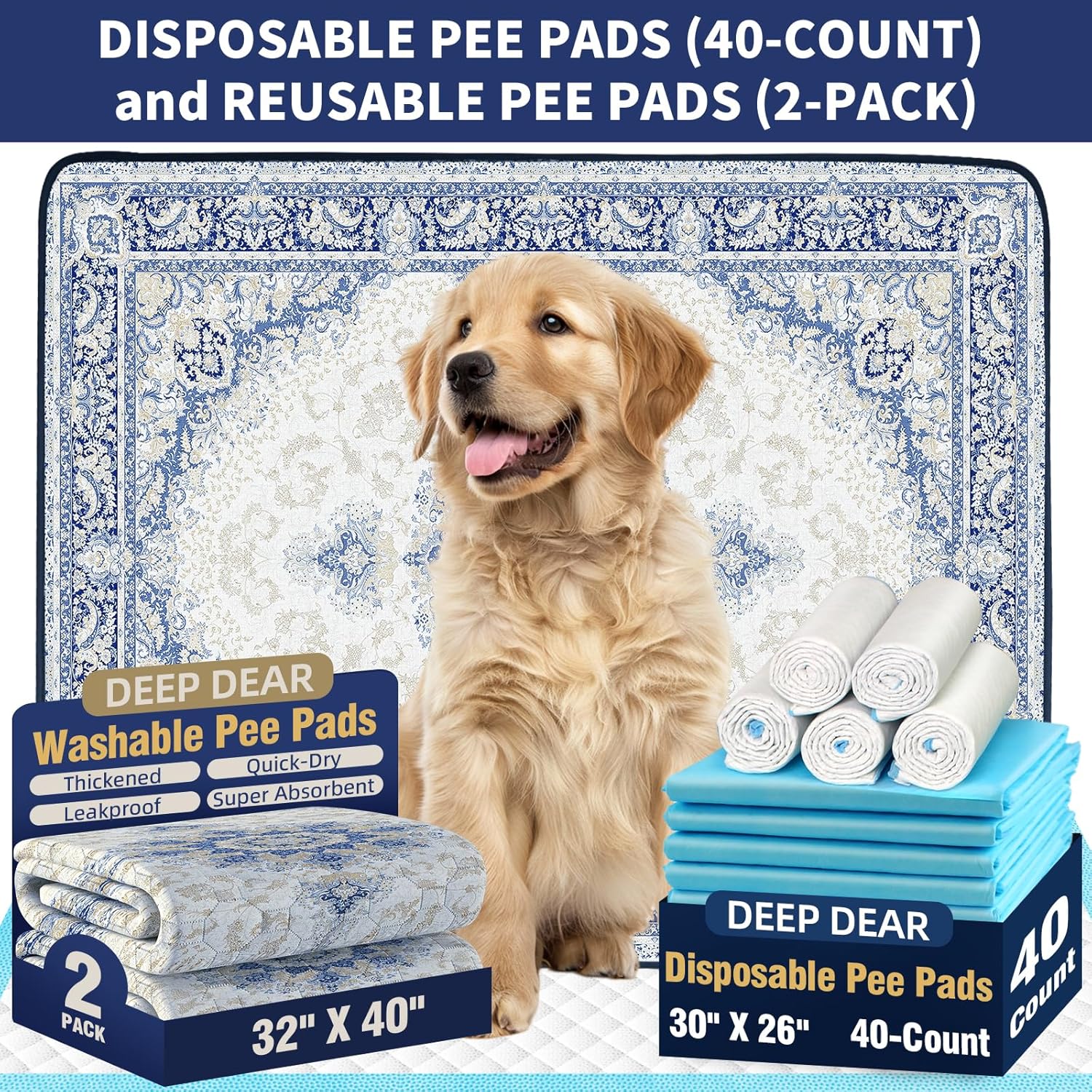 30"x26" Disposable Dog Pee Pads Extra Large (40-Count) and 32"x40" Reusable & Washable Pee Pads for Dogs XXL (2-Pack)