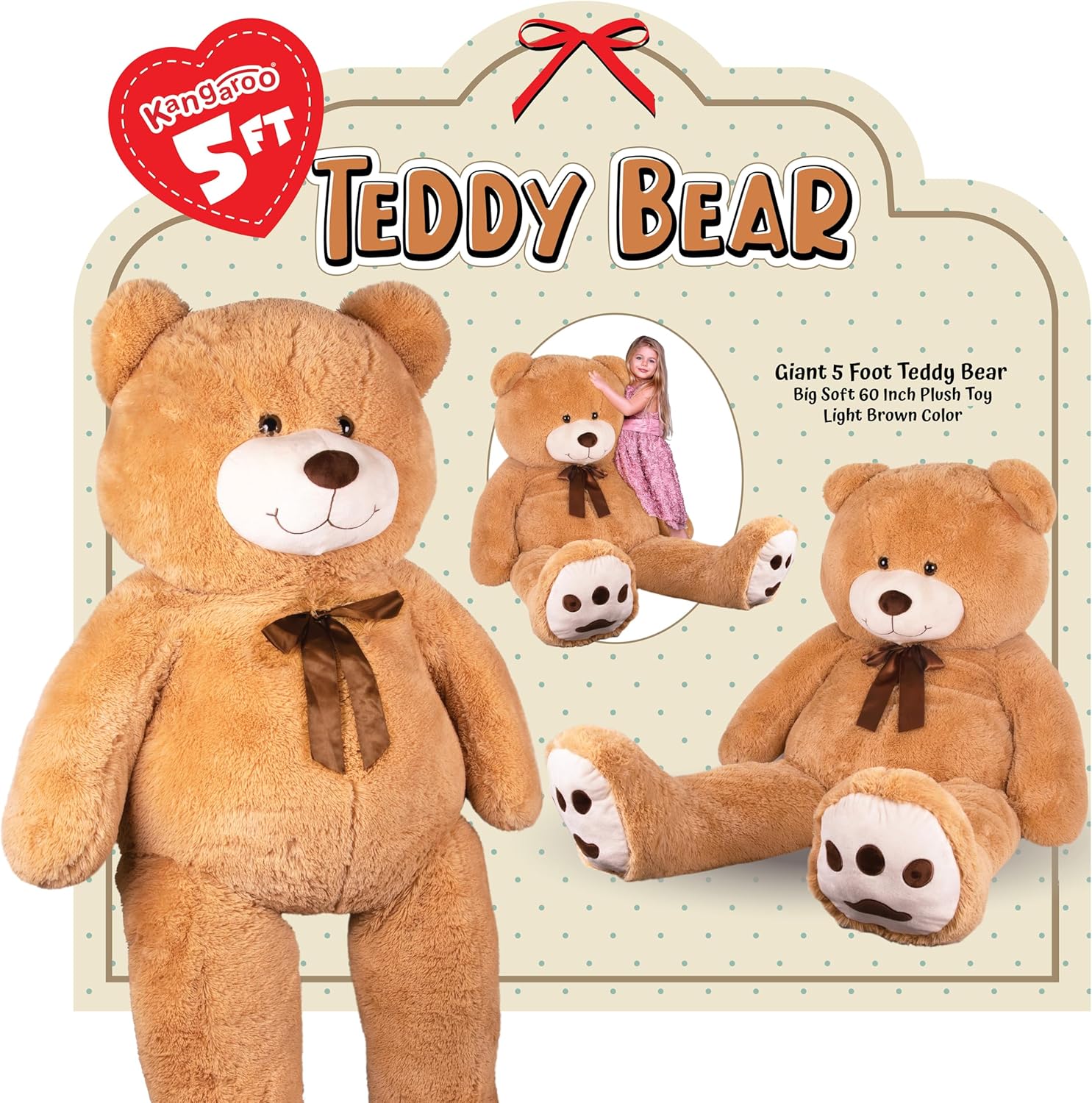 Kangaroo 5ft Giant Teddy Bear Extra Large Stuffed Animal – Giant Brown Plush Easter Toy for Girls & Boys - Big Soft Human Size Jumbo Teddy Bear for Teens & Adults - Cute Hug Pillow Easter Gift