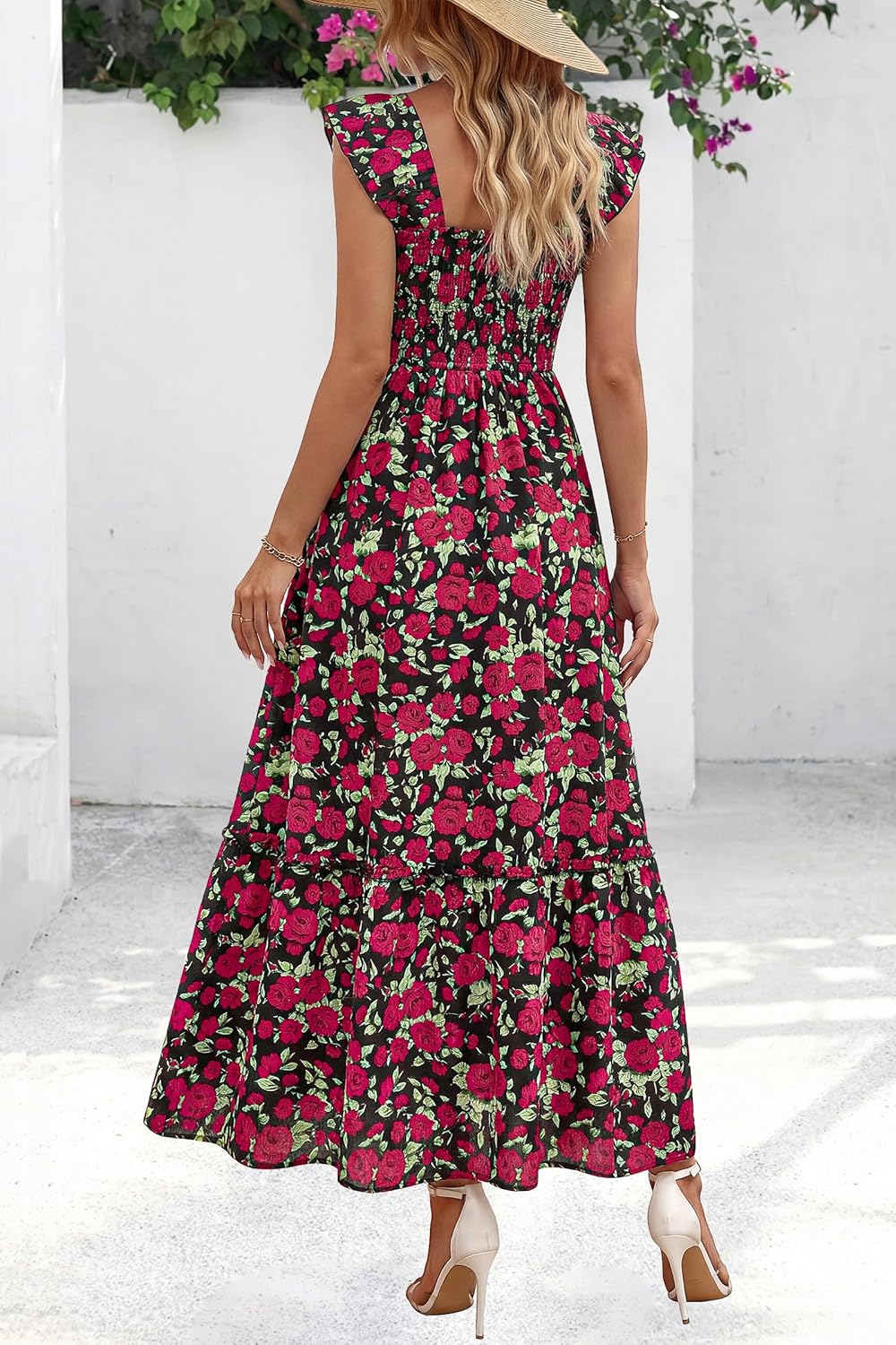 dowerme Womens Summer Maxi Dresses 2026 Casual Ruffle Sleeve Button Smocked Floral Slit Boho Dress Spring Beach Sundress - Image 5