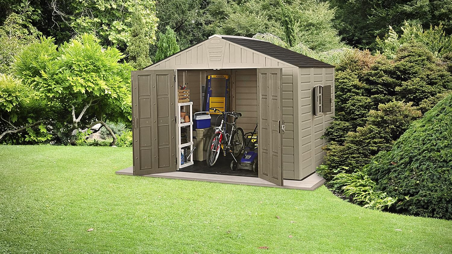 Keter Stronghold 10x8 Resin Outdoor Storage Shed interior view with various items stored