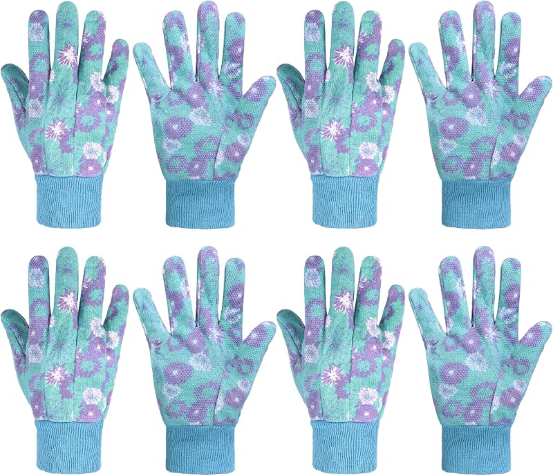 HANDLANDY 4 pares de guantes de jardinería para mujer, guantes de jardín para mujer | Guantes de jardín de punto suave de algodón para mujer con puntos de PVC, guantes de trabajo de jardín florales, regalos ideales para jardineros