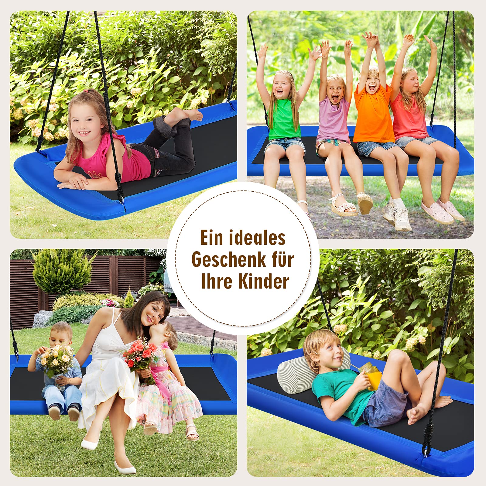 COSTWAY Nestschaukel eckig bis 150kg belastbar, 150 x 80 cm, Baumschaukel mit 100-180cm verstellbaren Seil, Mehrkindschaukel Kinderschaukel, Outdoor Gartenschaukel für Kinder & Erwachsene (Blau)