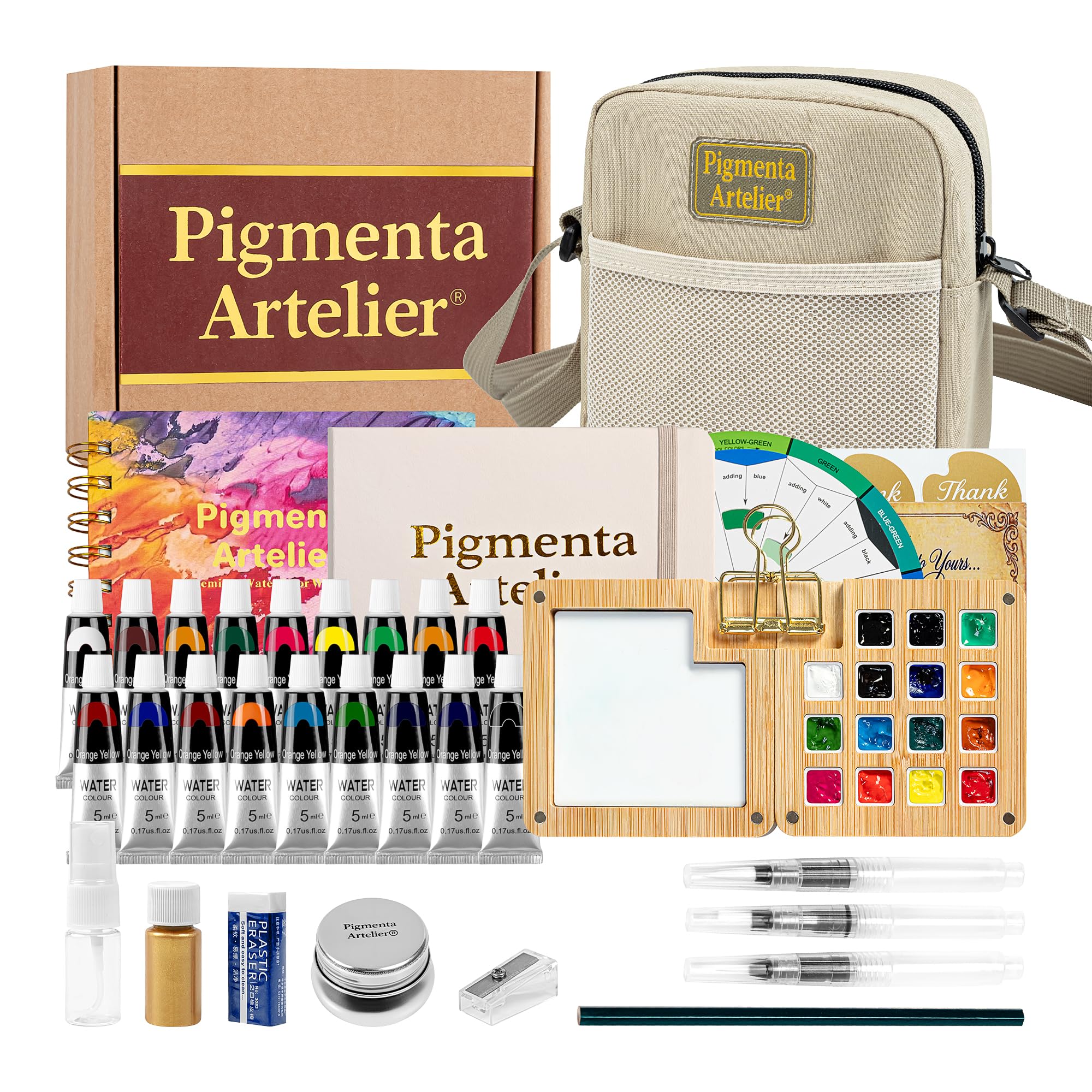 Ensemble de peinture aquarelle 37 pièces avec carnet et palette en bambou