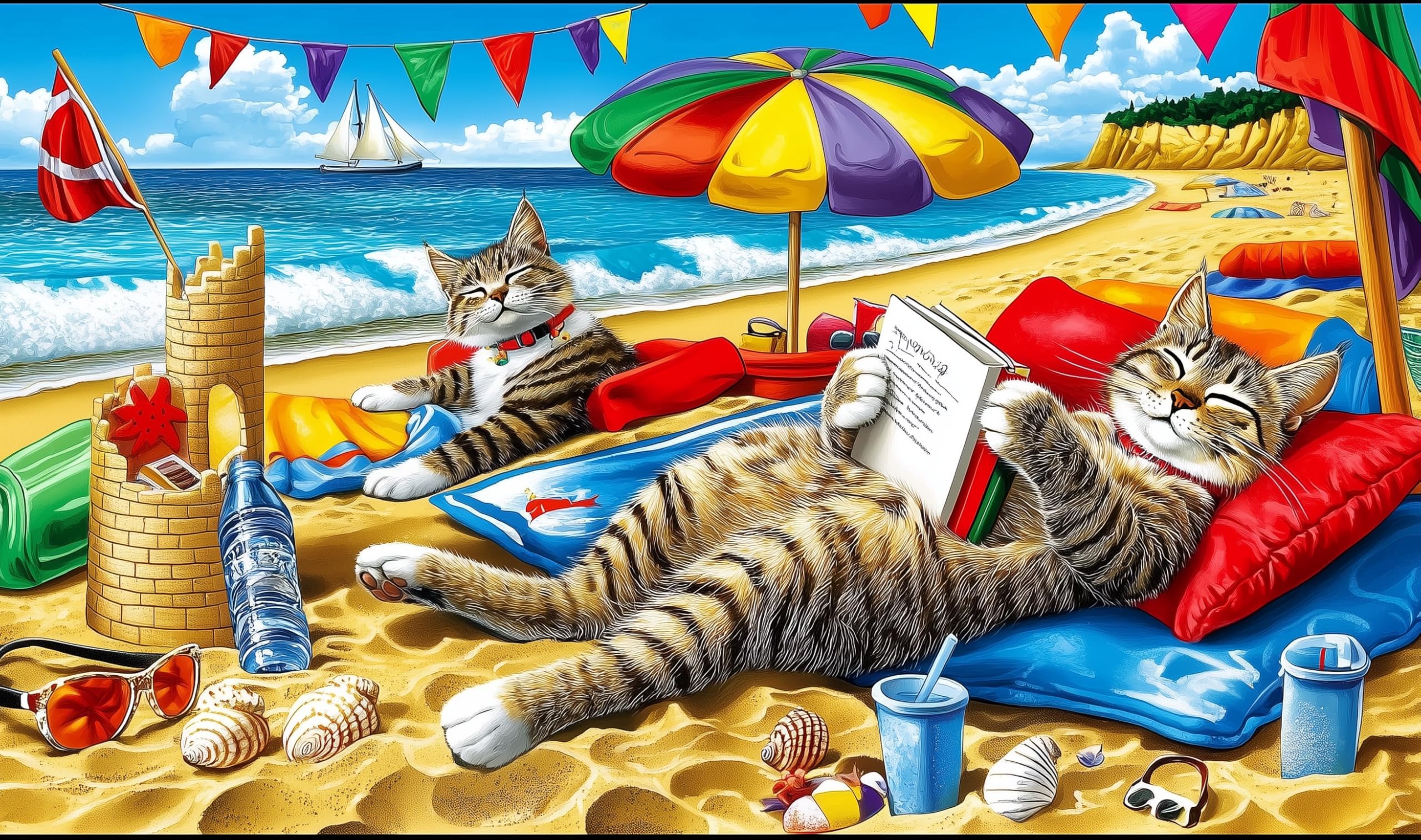 Photo 1 of 1000 Piece Beach Cats Jigsaw Puzzle for Adults, Colorful Summer Beach Scene with Kittens, 27.56x19.69 Inches, Relaxing Activity & Decoration