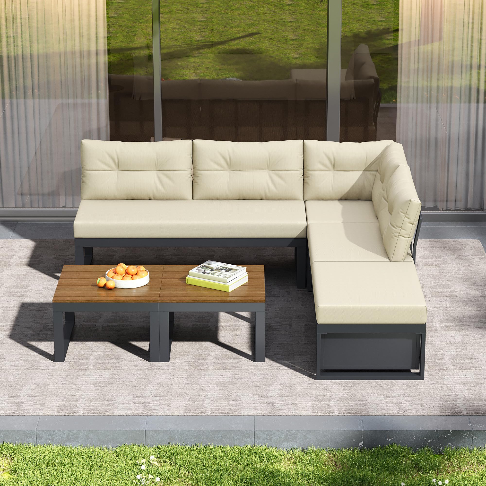 Sapgaks Salon de Jardin pour 6 Personnes,Ensemble de canapés de extérieur avec Dossier réglable sur 3 Niveaux,Canapé d'angle de Jardin avec Table,Espace de Rangement et Fonction d'inclinaison,Beige