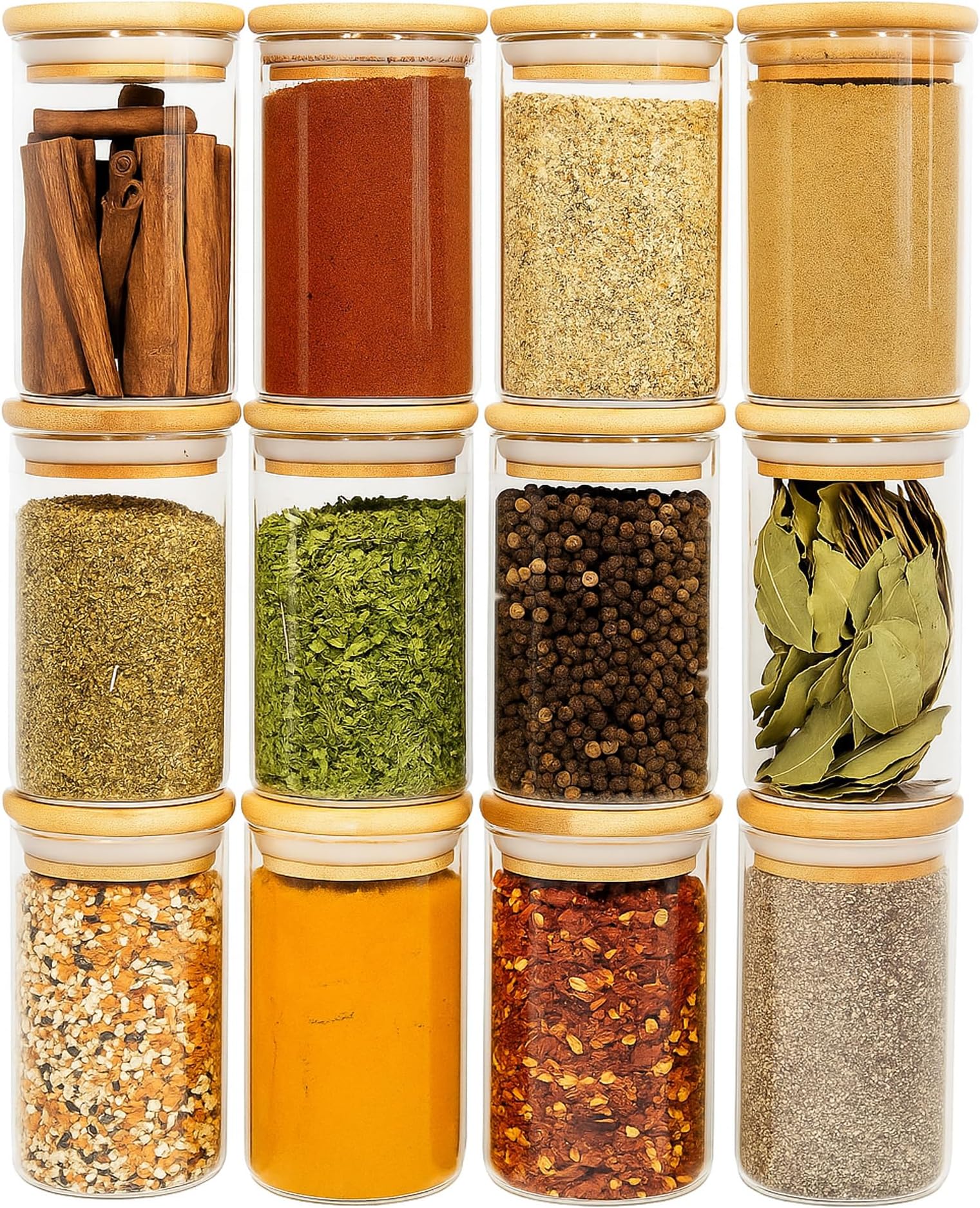 SAVVY & SORTED 12 Natural Bamboo Spice Jars - 8.5oz Large Glass Jars with Bamboo Lids - Seasoning Jar with Airtight Lids, Containers Herb Spice Rack Kitchen Organization