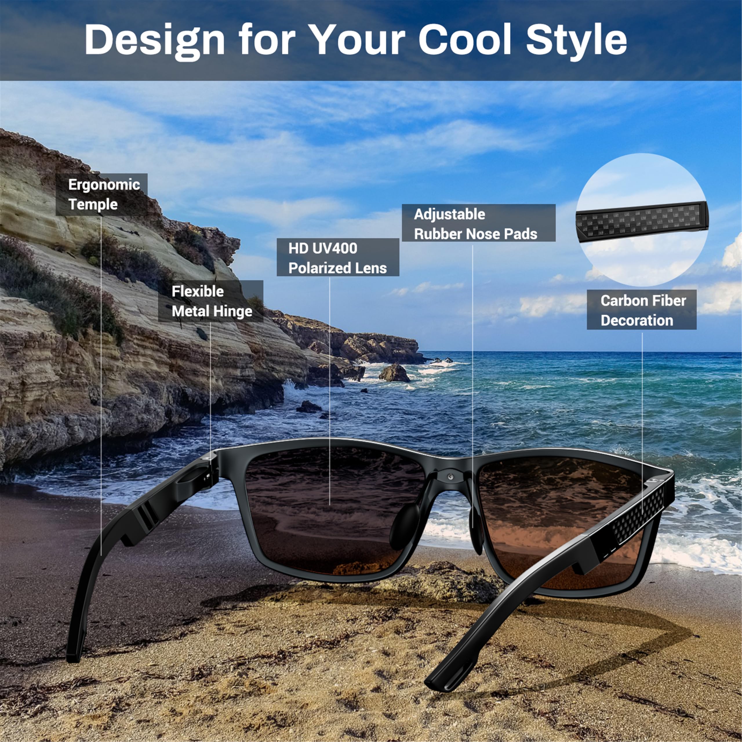 ROCKNIGHT HD Polarisierte Sonnenbrille für Herren Angeln Blau verspiegelte lässige Strandsonnenbrille für großen Kopf
