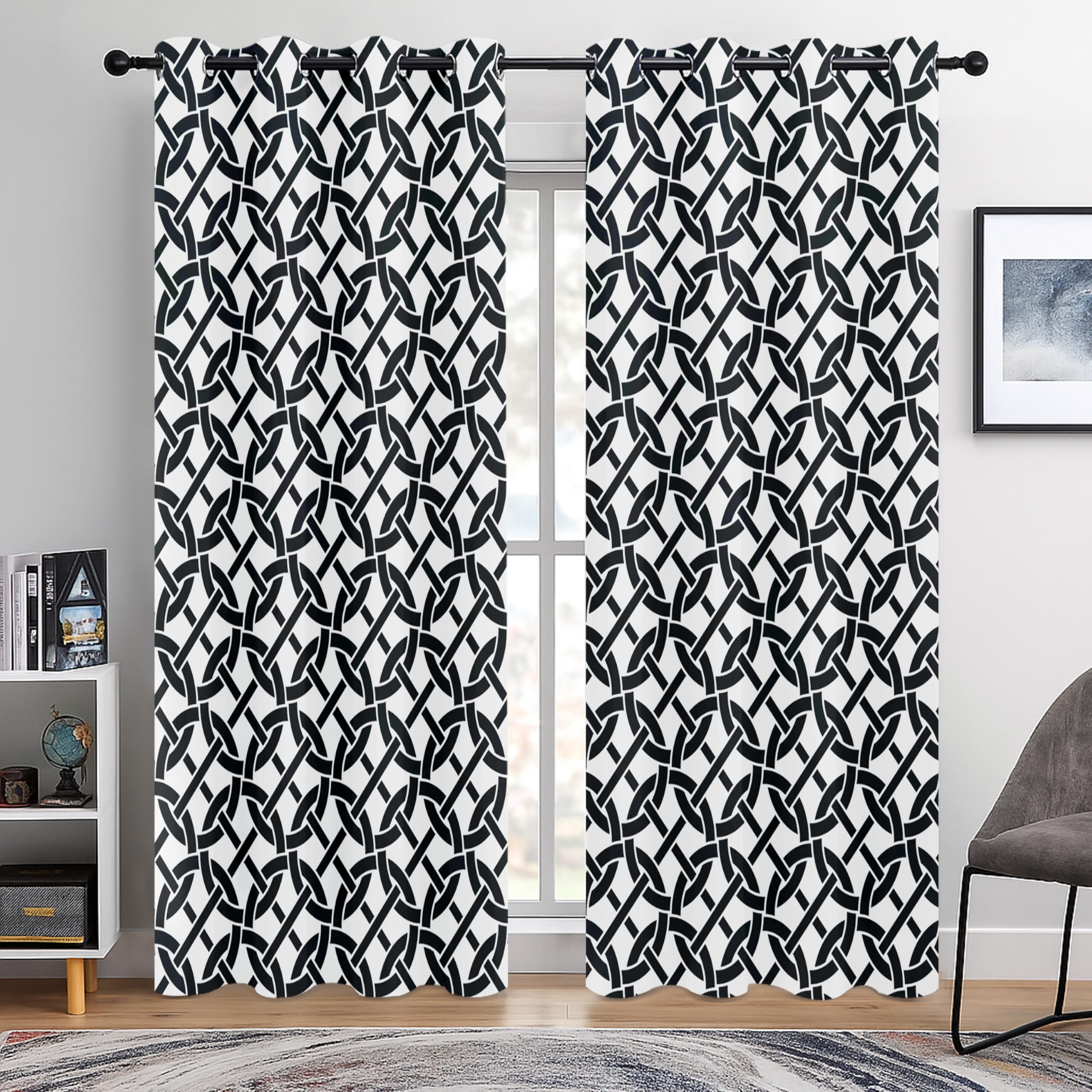 BOHOMOCASA Black and White Celtic Weave Blackout Curtains for Living Room, Vintage Knot Pattern Drapes, 100% Light Blocking Curtains for Bedroom, Grommet Top 52 x 84 Inches, 2 Panels โ image 1