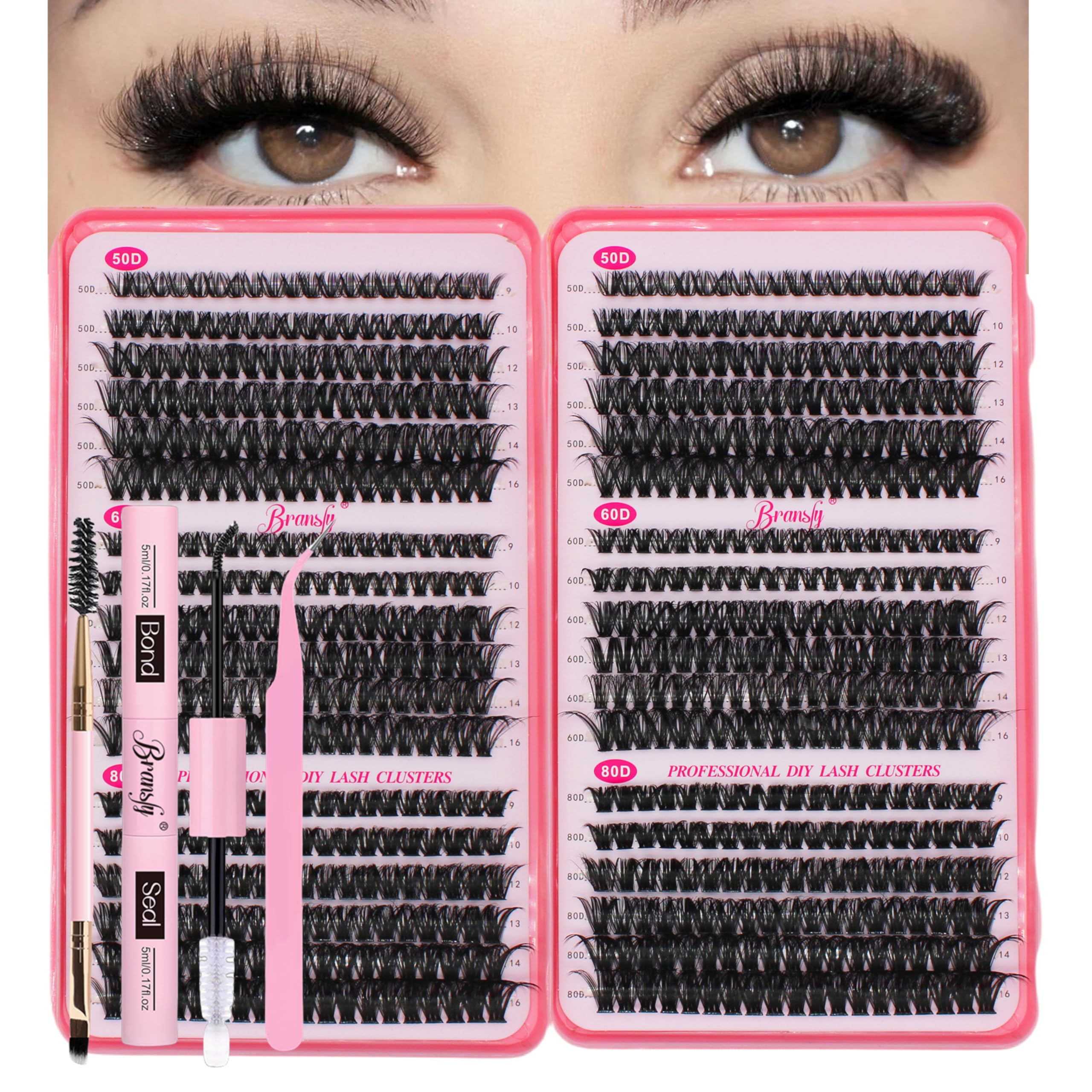 Bransfy 3 Styles 708pcs Lash Clusters Kit DIY Lash Extension Kit D Curl Eyelash Extensions 9-16MM Cluster Lashes with Waterproof Lash Bond and Seal Tweezers(50D+60D+80D,Kit)