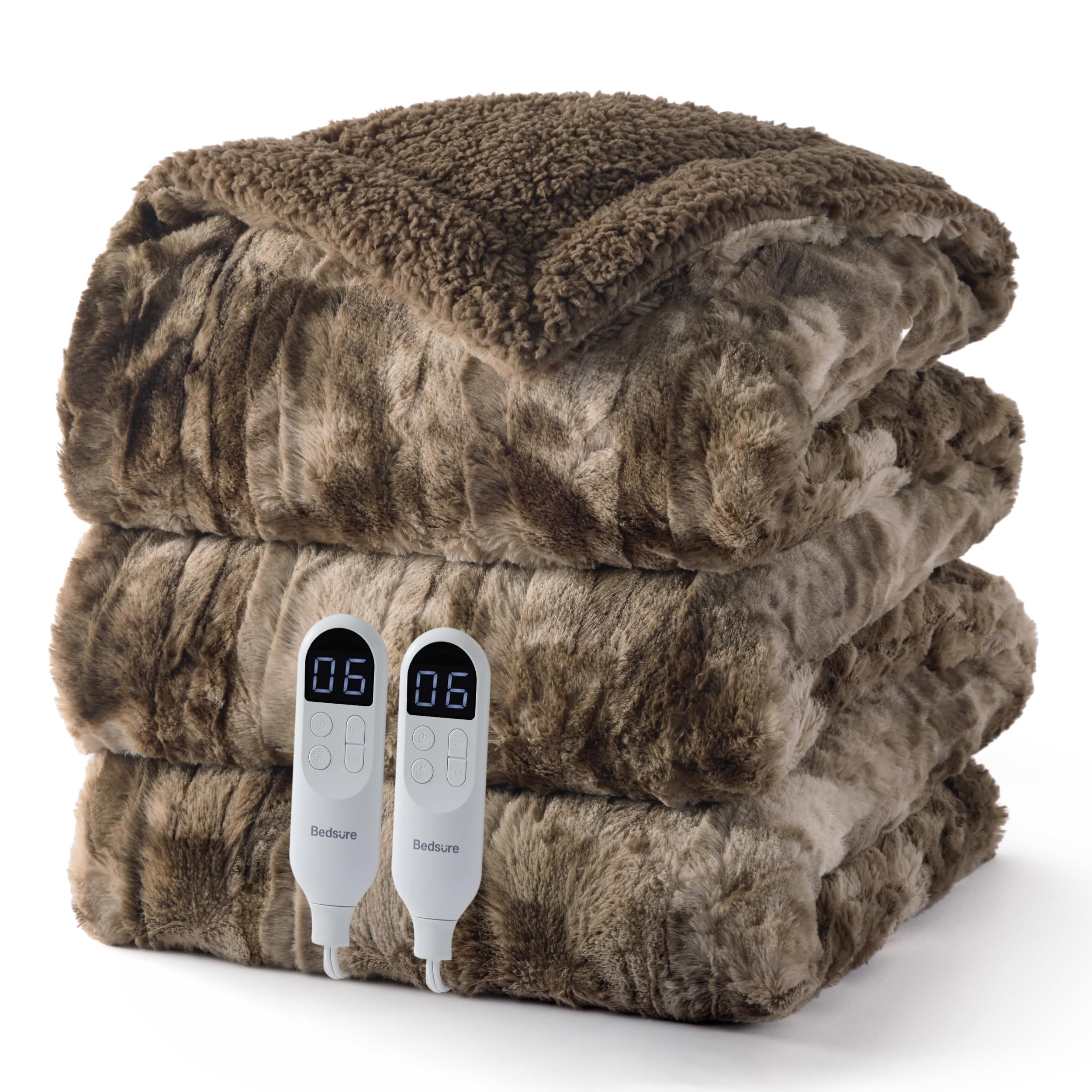 Bedsure Faux Fur Tie-Dye Heated Blanket Queen Size with Dual Control, Brown